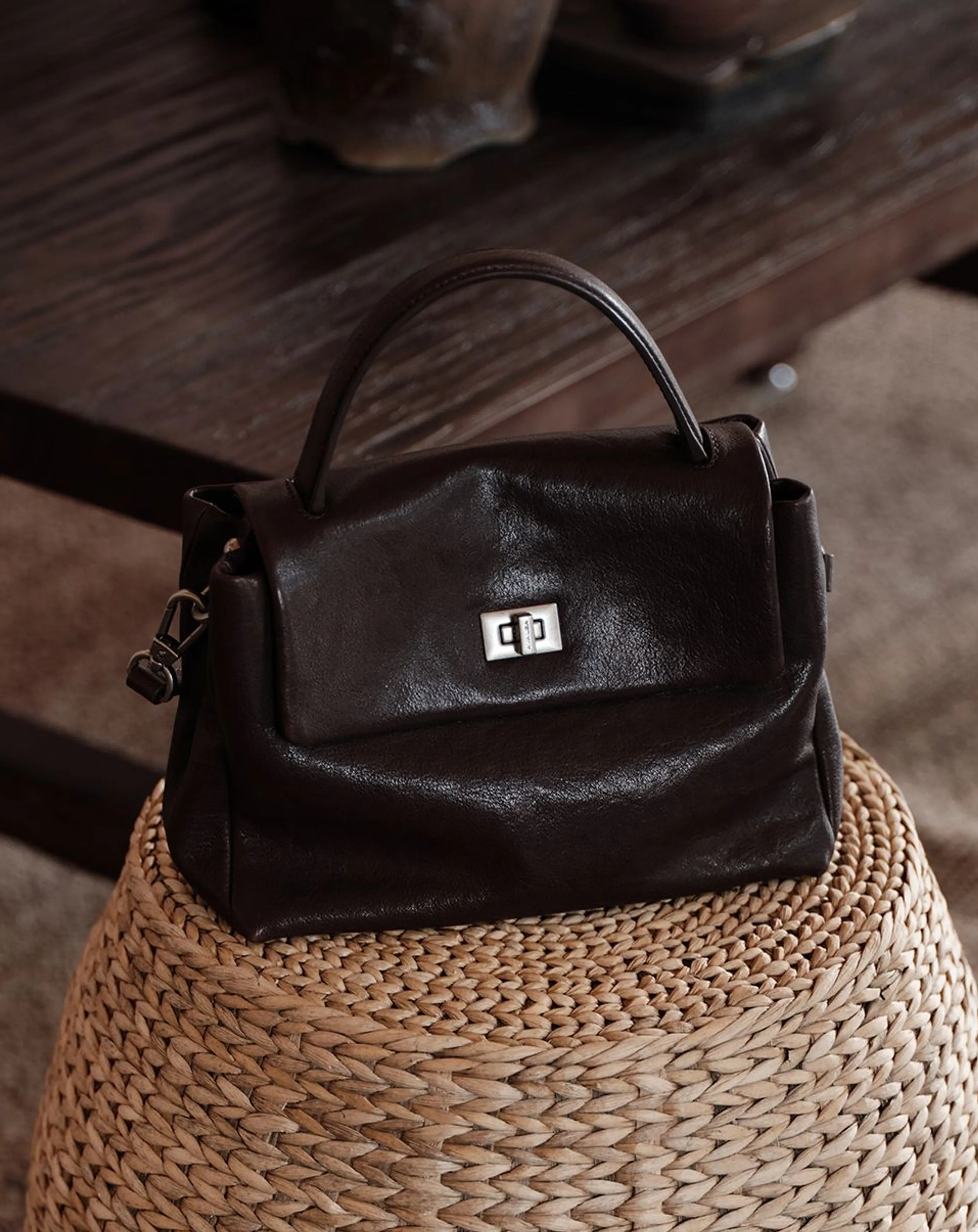 Medium Top-Grain Leather Turn-Lock Bag - Image 6