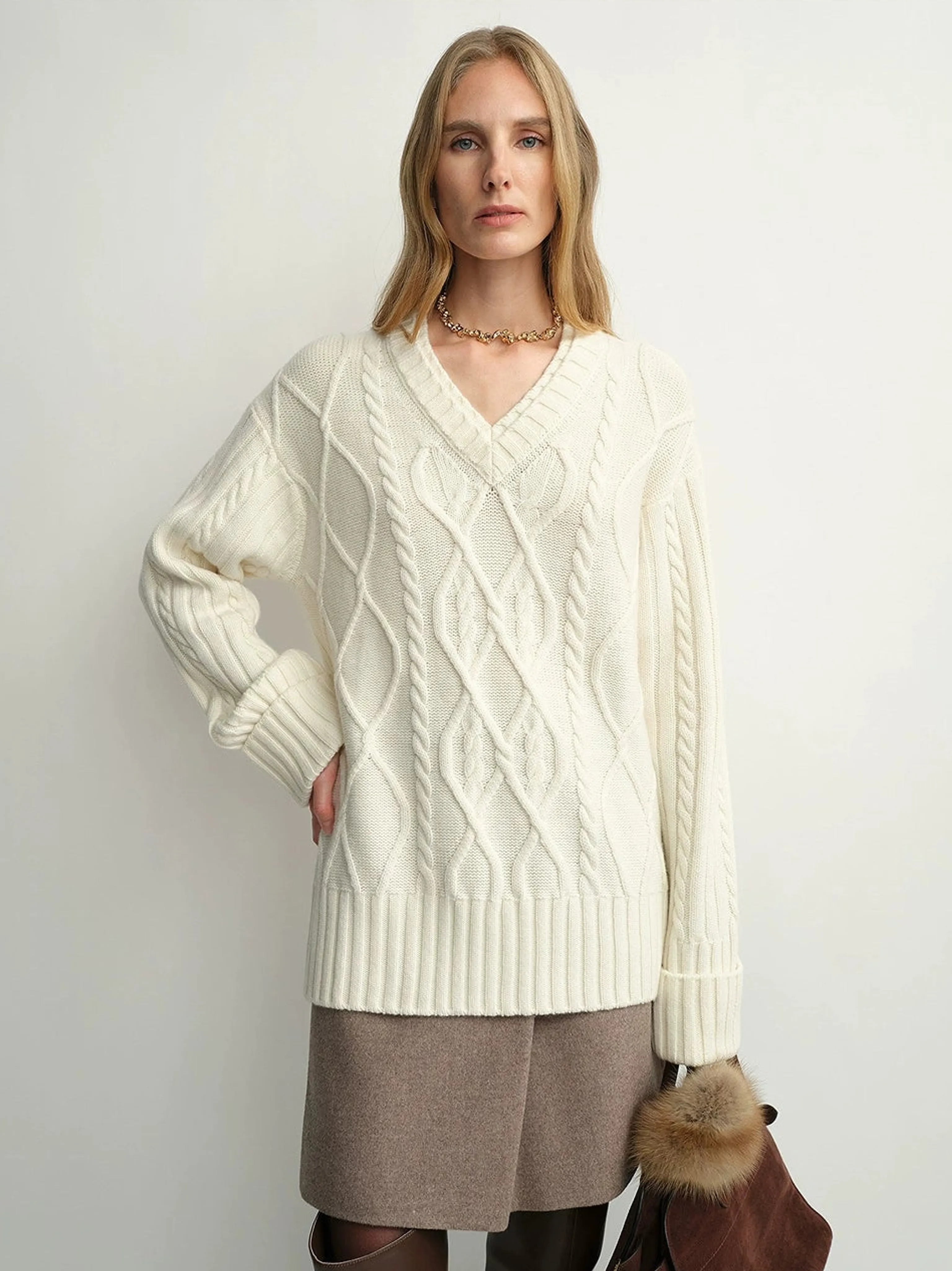 Merino Cable-Knit V-Neck Sweater - Image 7