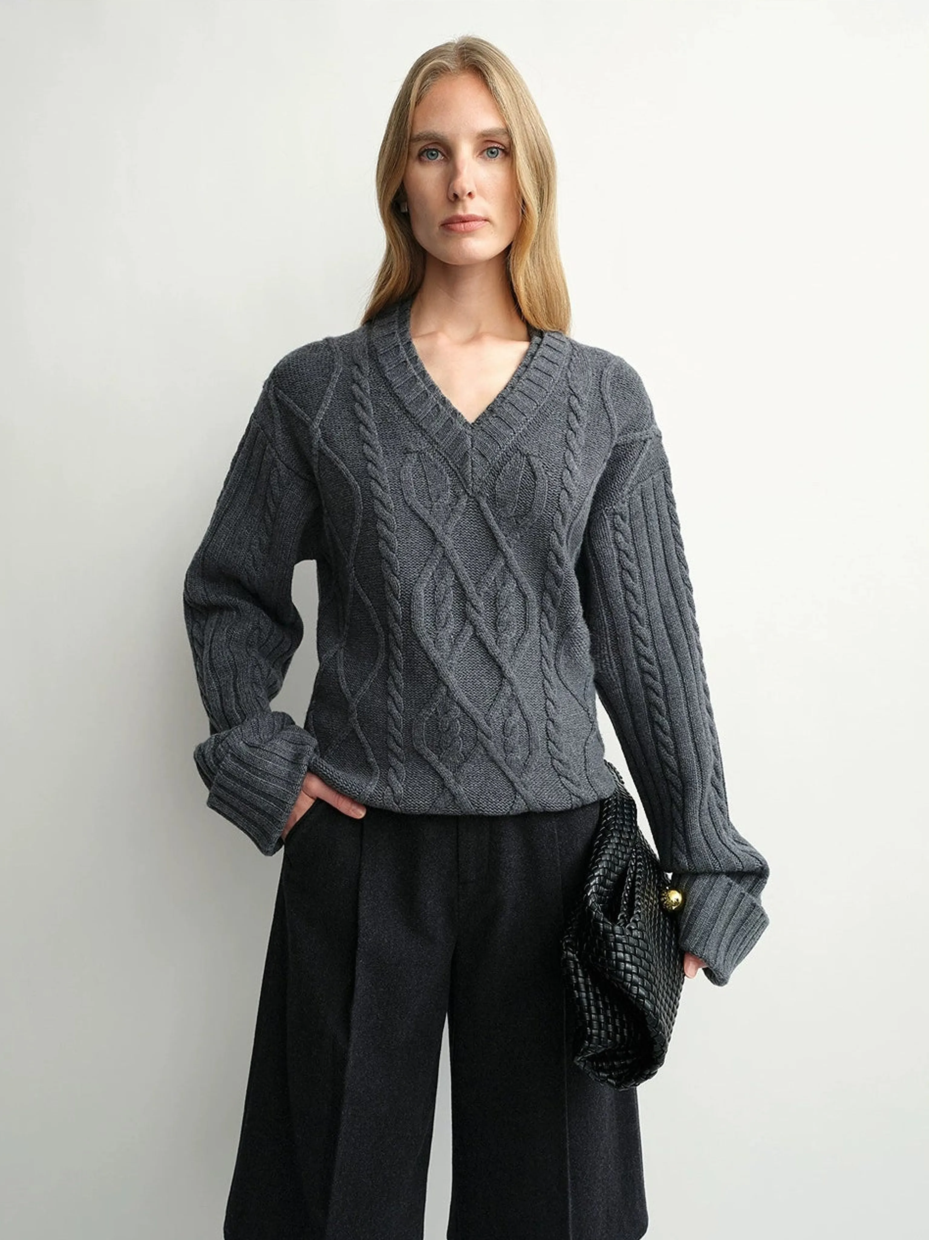 Merino Cable-Knit V-Neck Sweater - Image 8