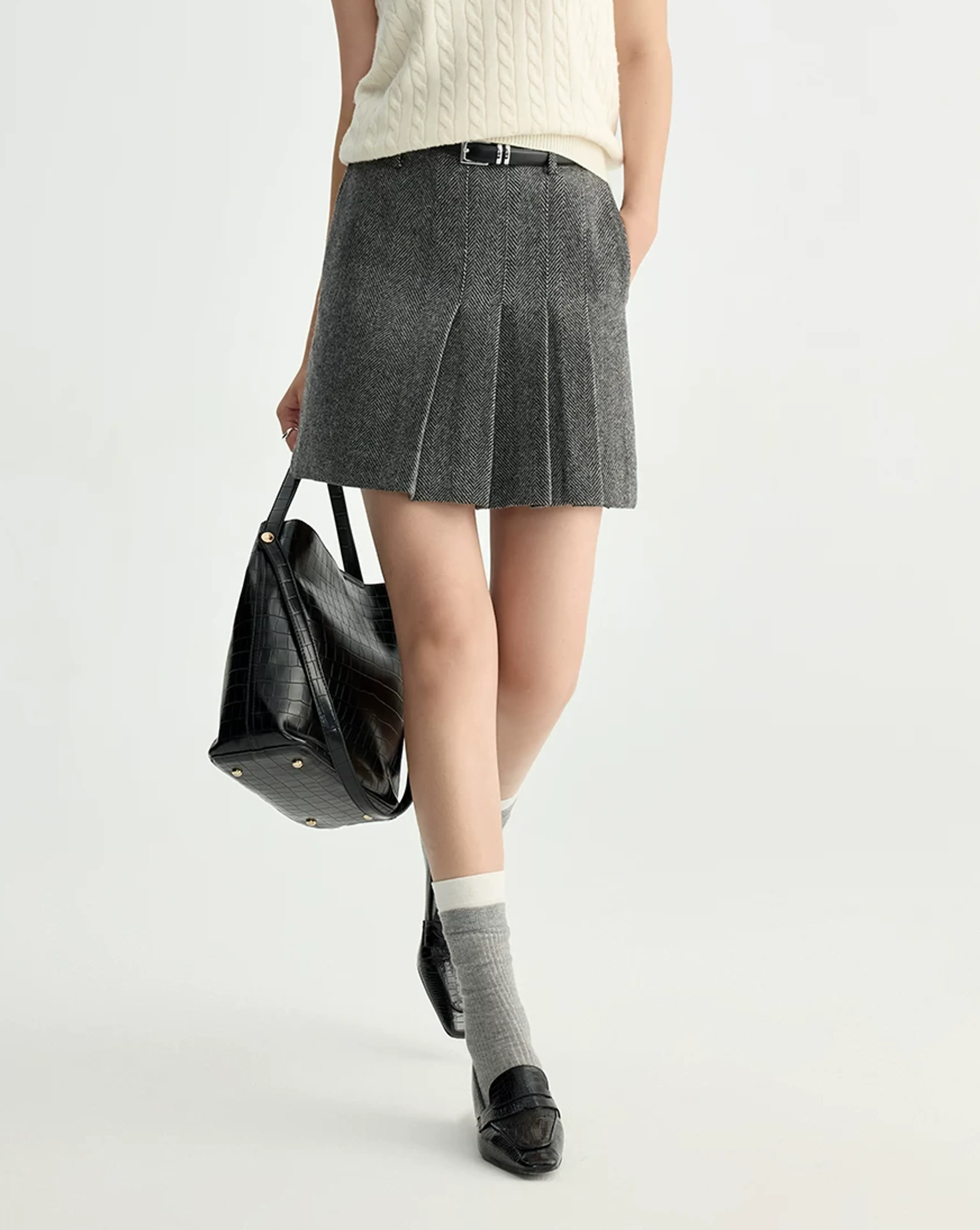 Merino Herringbone Pleated Mini Skirt - Image 6