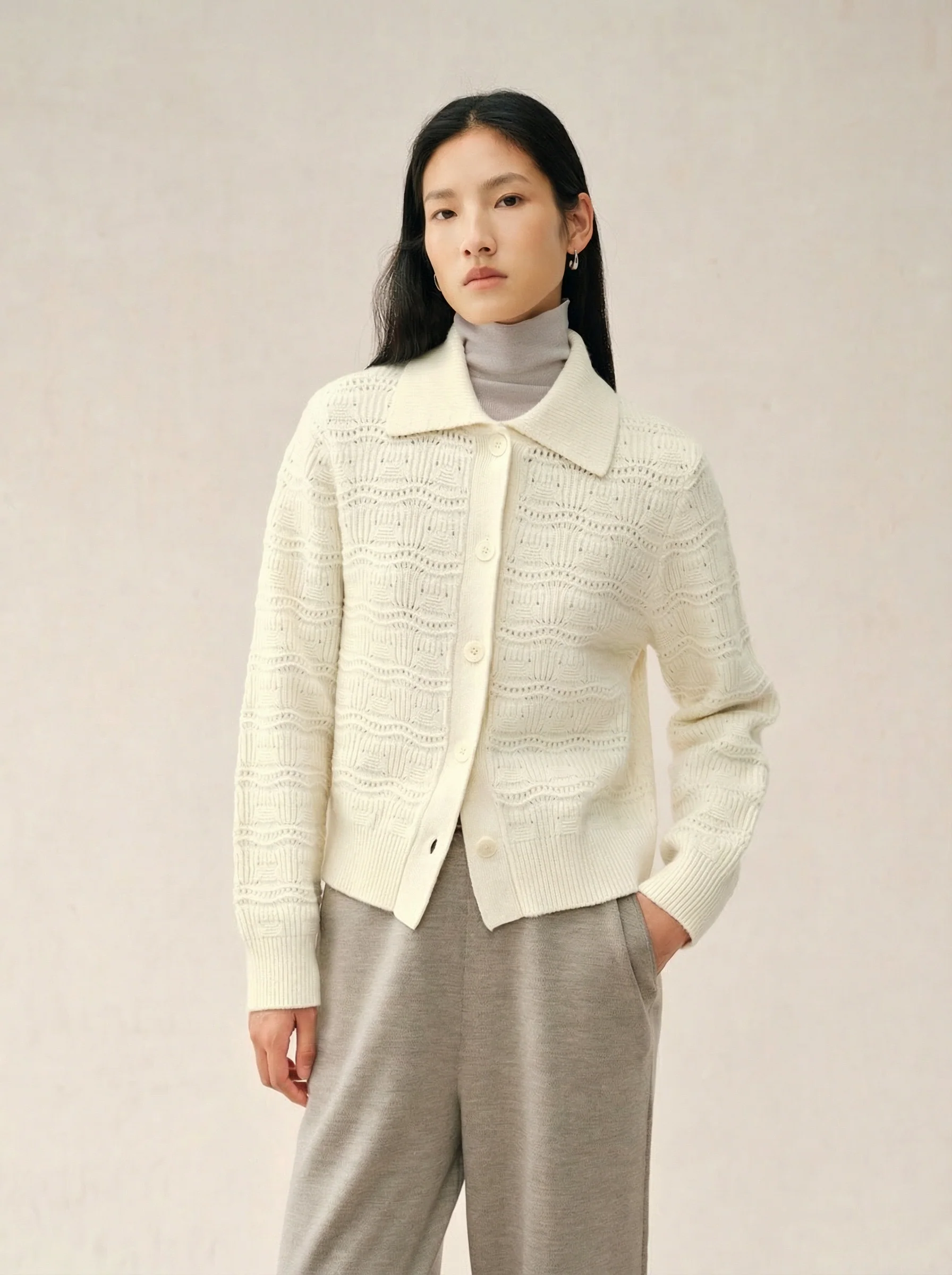 Merino Openwork Collar Cardigan - Image 8