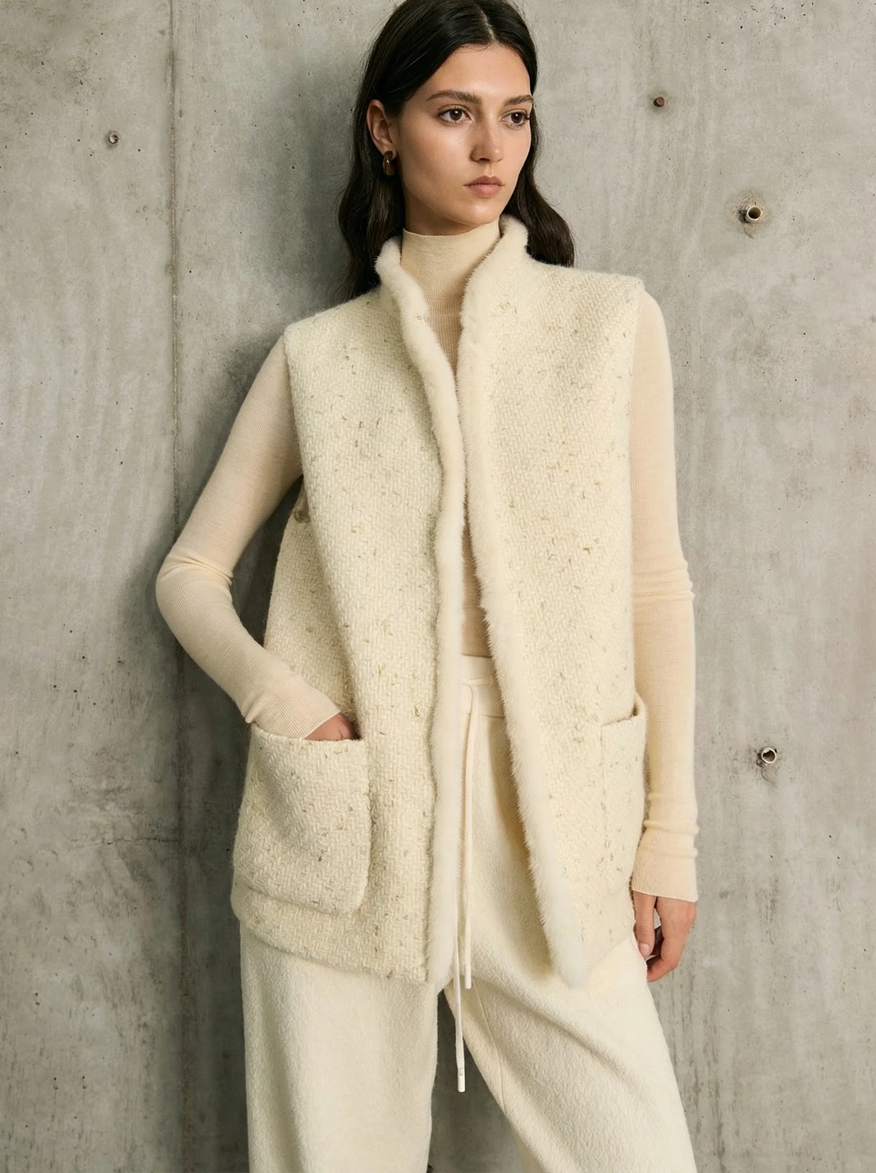Merino Tweed Mink-Trim Stand-Collar Vest - Image 4