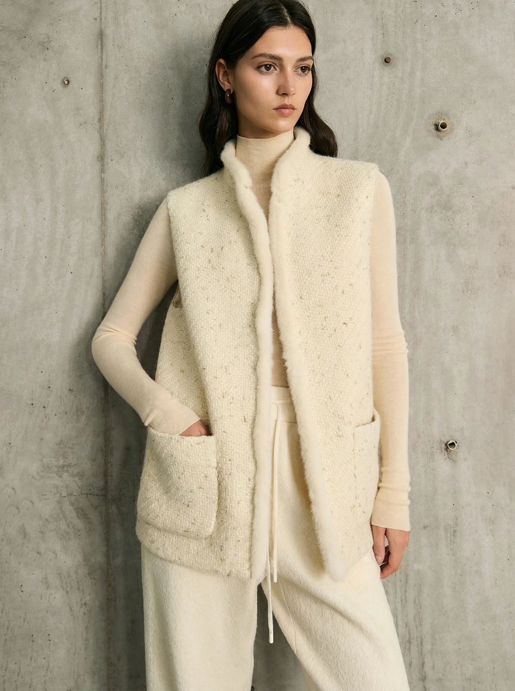 Merino Tweed Mink-Trim Stand-Collar Vest - Image 5