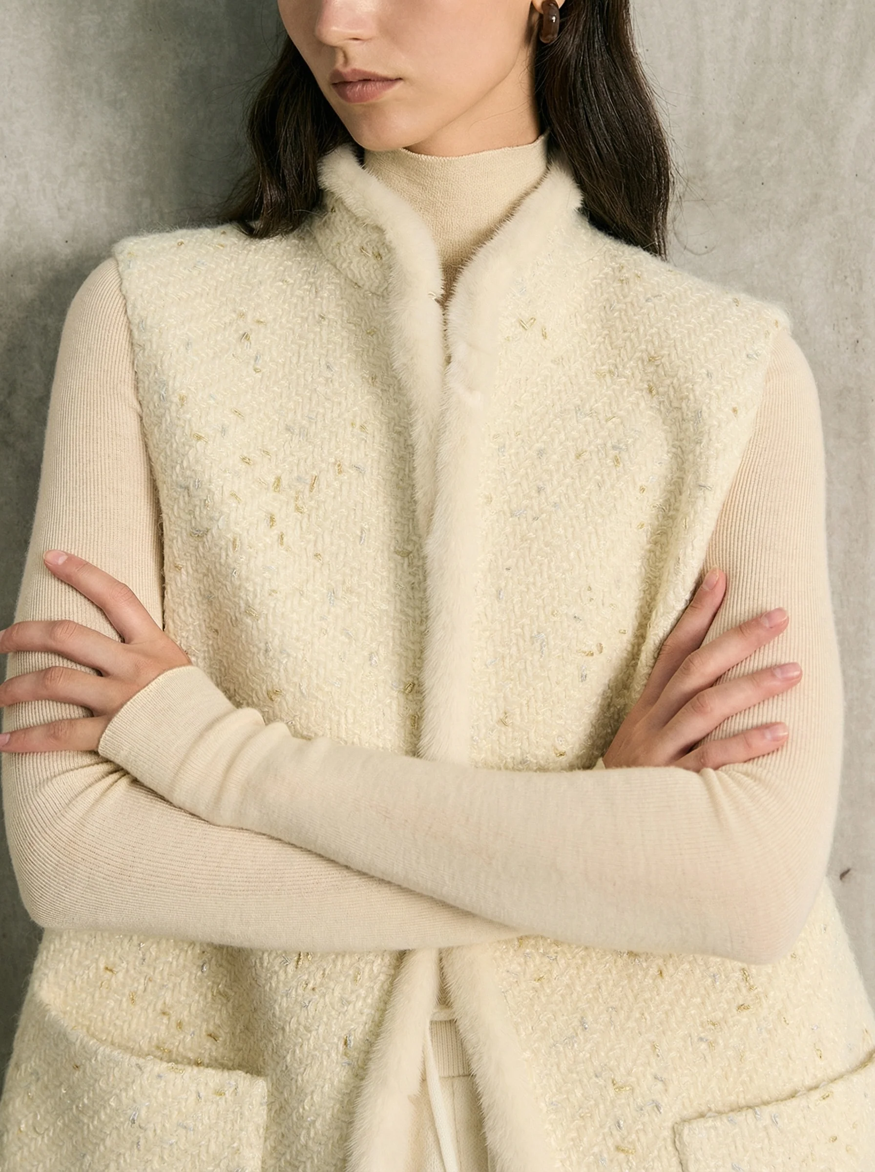 Merino Tweed Mink-Trim Stand-Collar Vest - Image 6