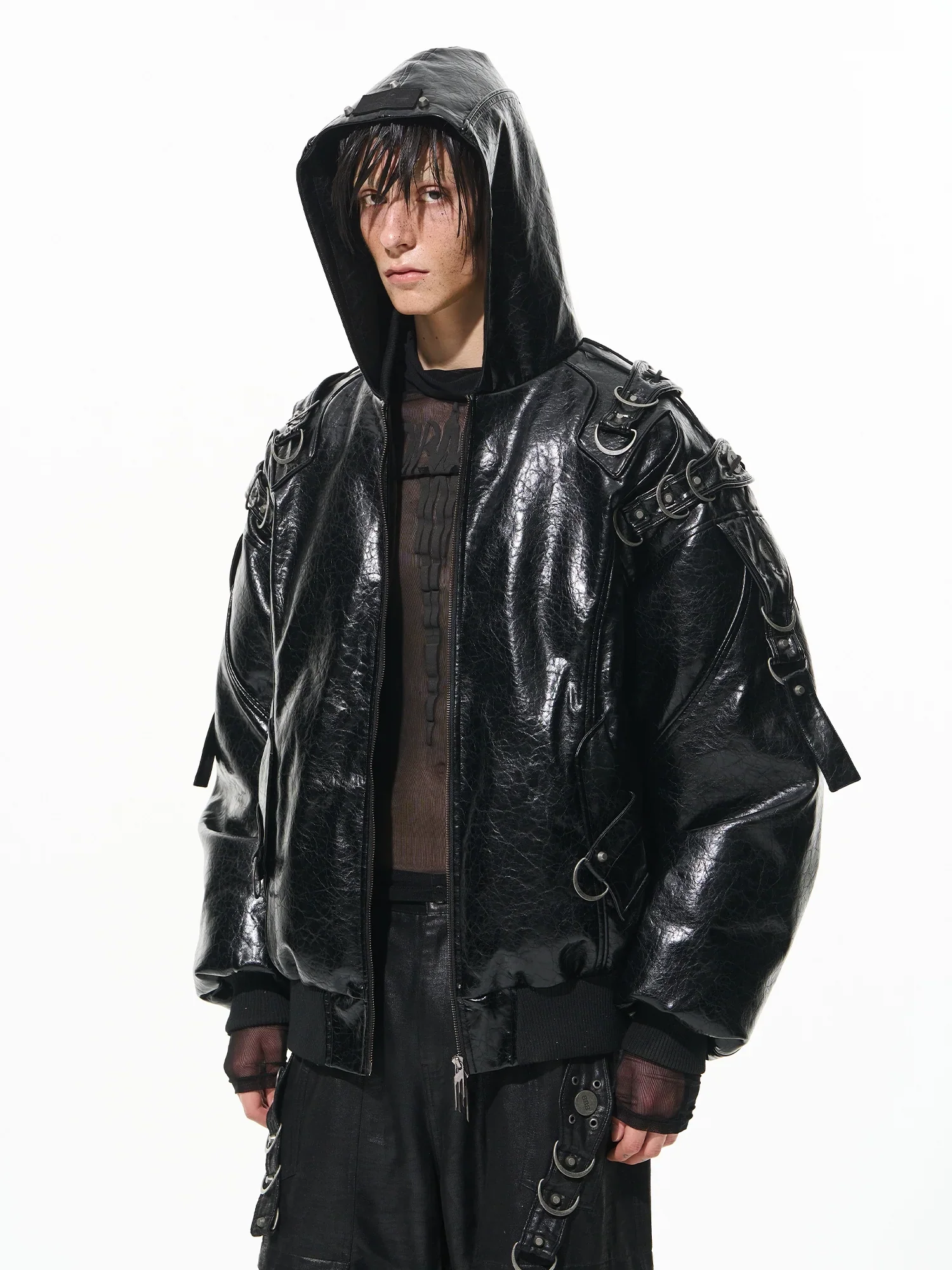 Metal-Strap Hooded Bomber Jacket