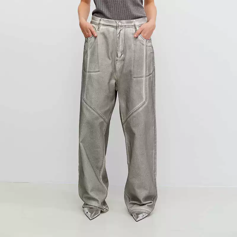 Metallic Gray Wide-Leg Trousers - Image 3