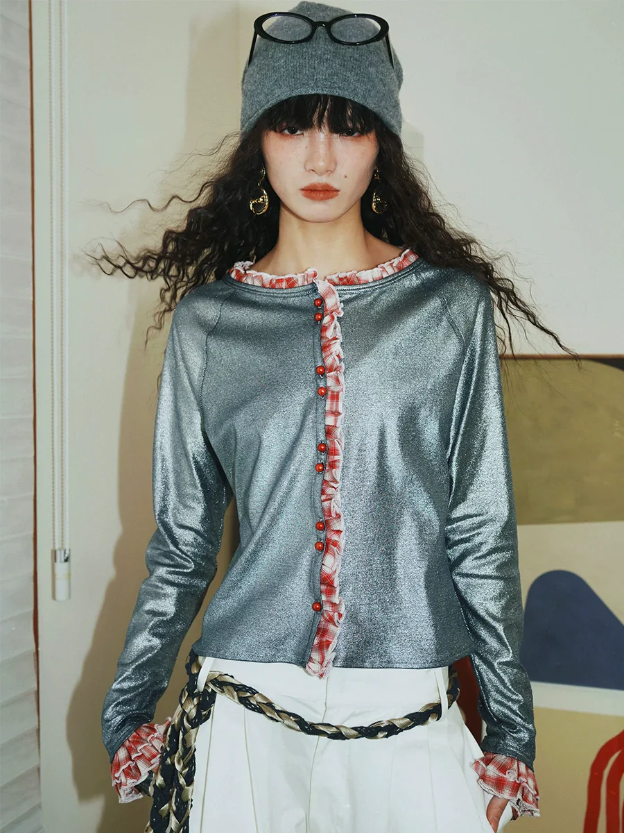 Metallic Lace Knit Cropped Cardigan - Image 2