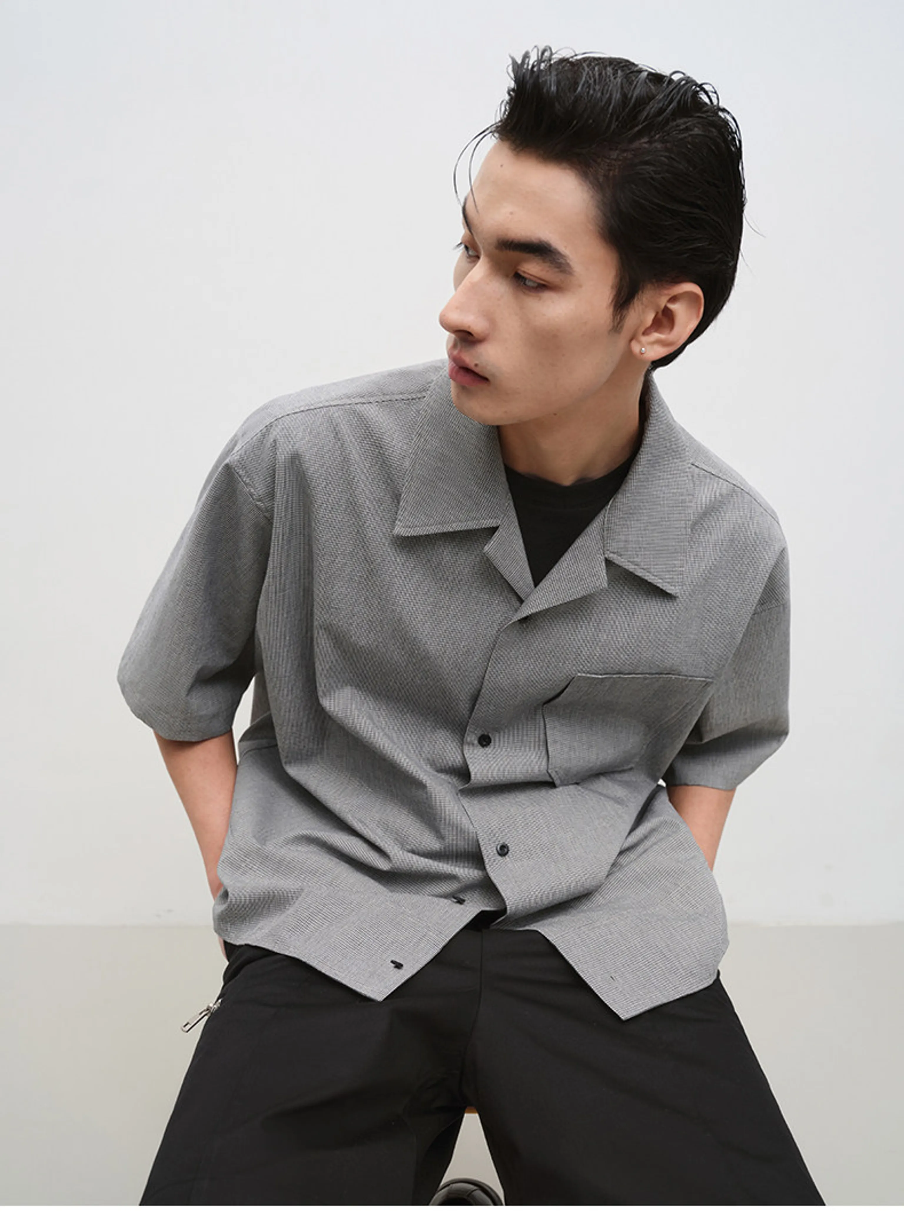Micro-Check Cuban-Collar Short Sleeve Shirt