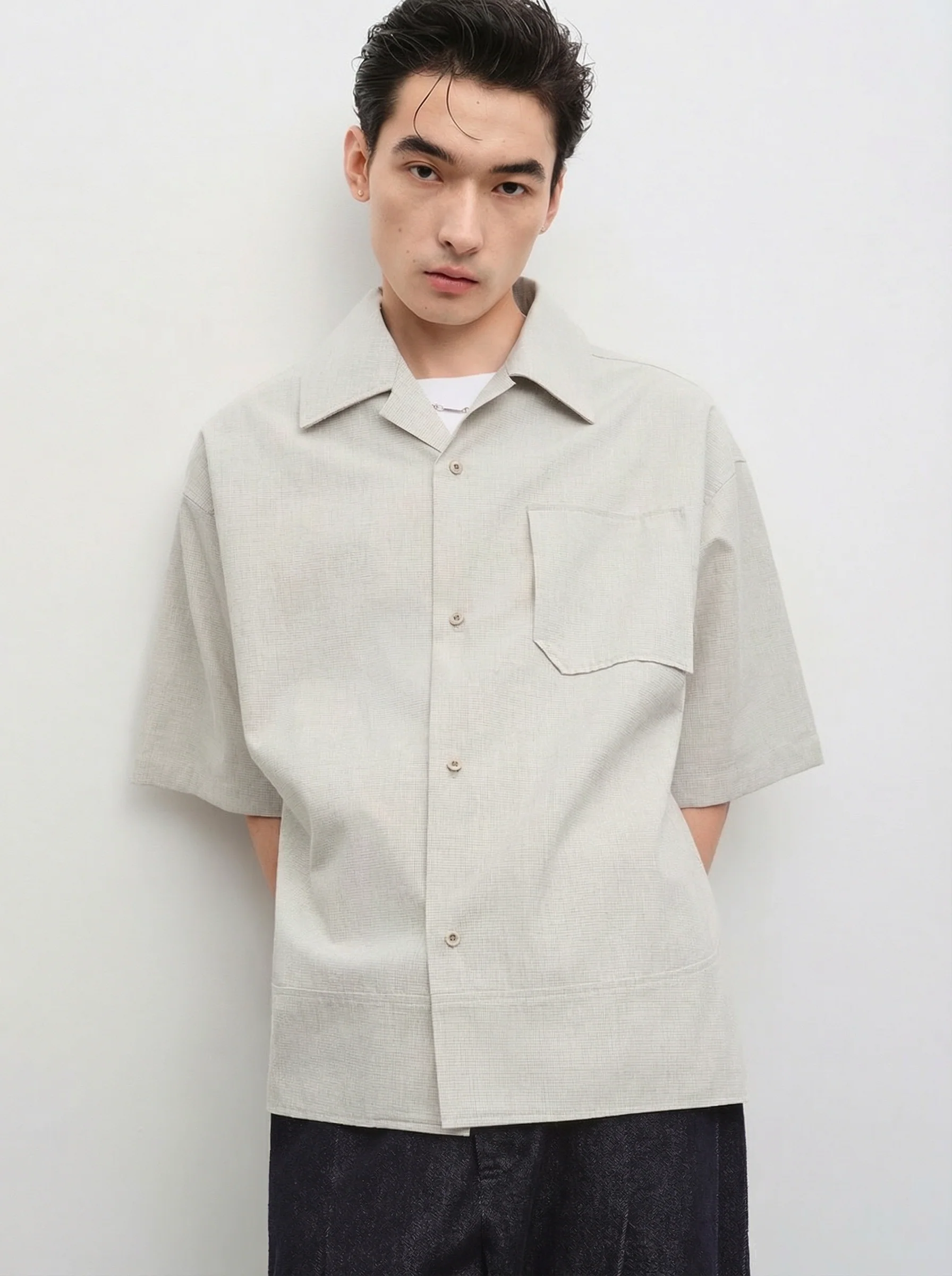 Micro-Check Cuban-Collar Short Sleeve Shirt - Image 6
