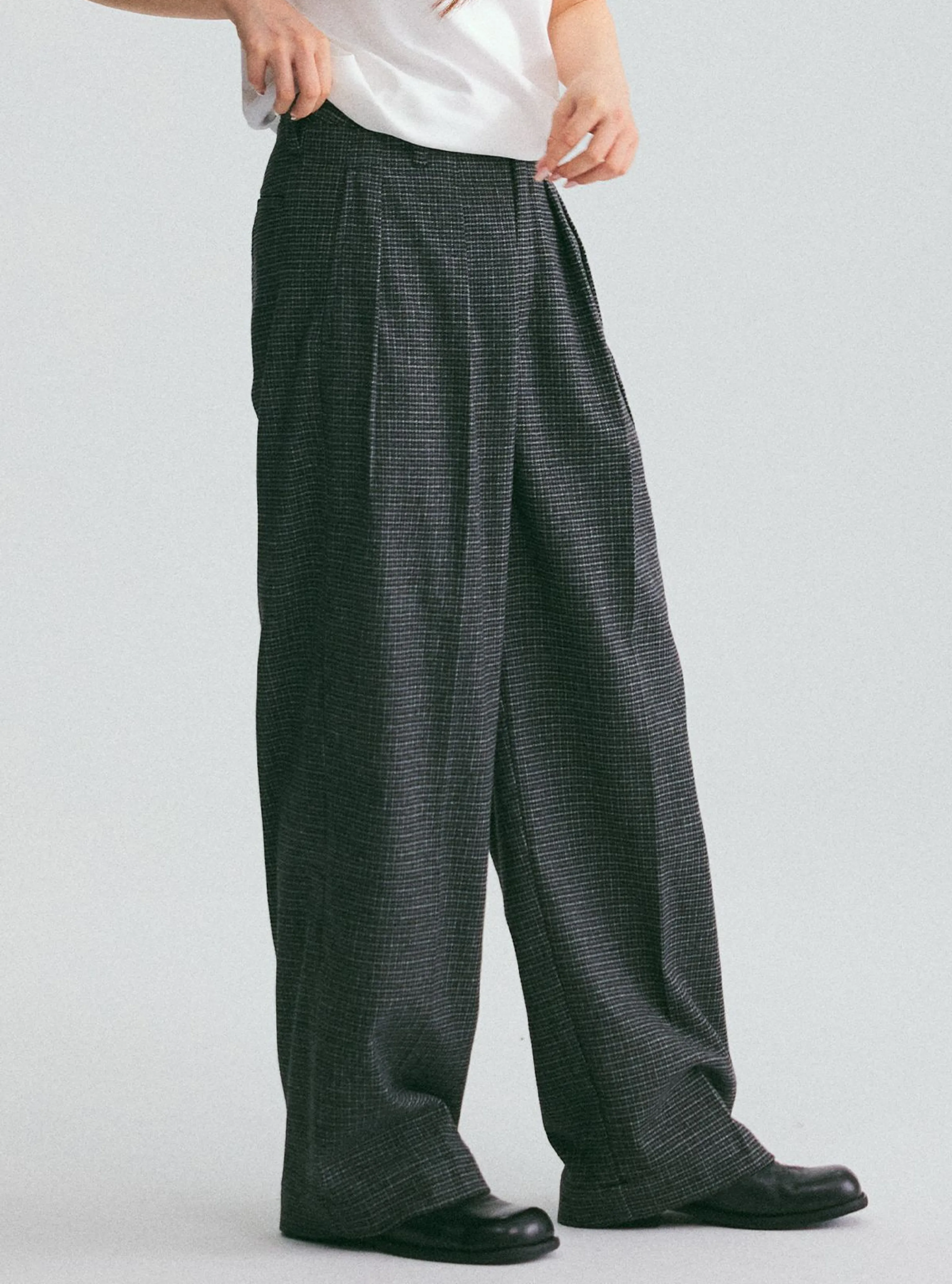 Micro-Check Wool-Blend Wide-Leg Trousers