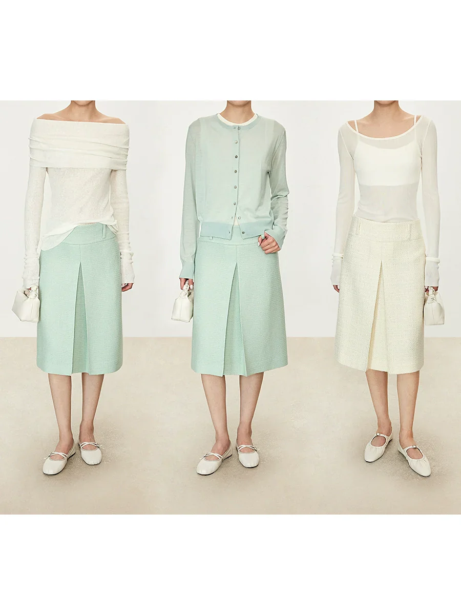 Micro-Shimmer Tweed Pleated Midi Skirt - Image 4