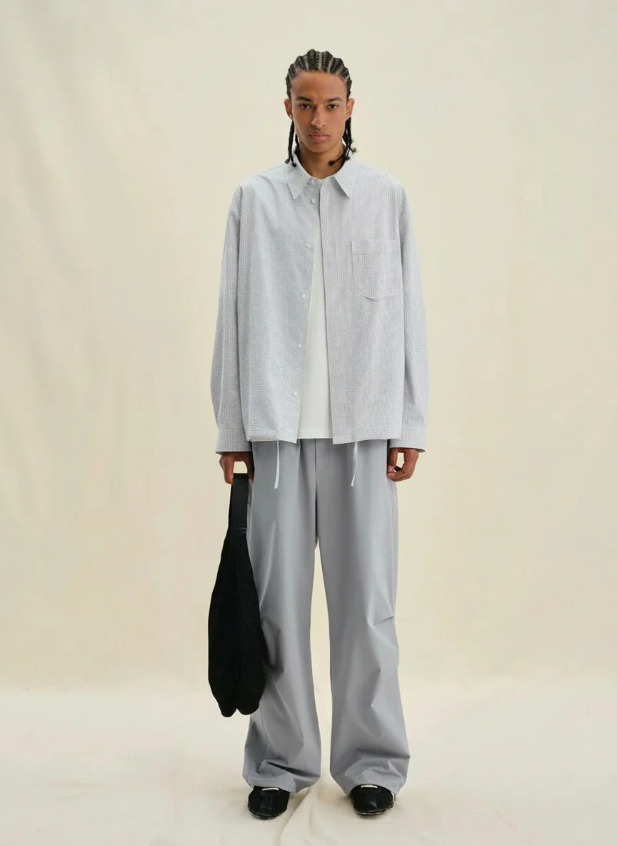 Micro-Stripe Cotton Drawstring Shirt - Image 2