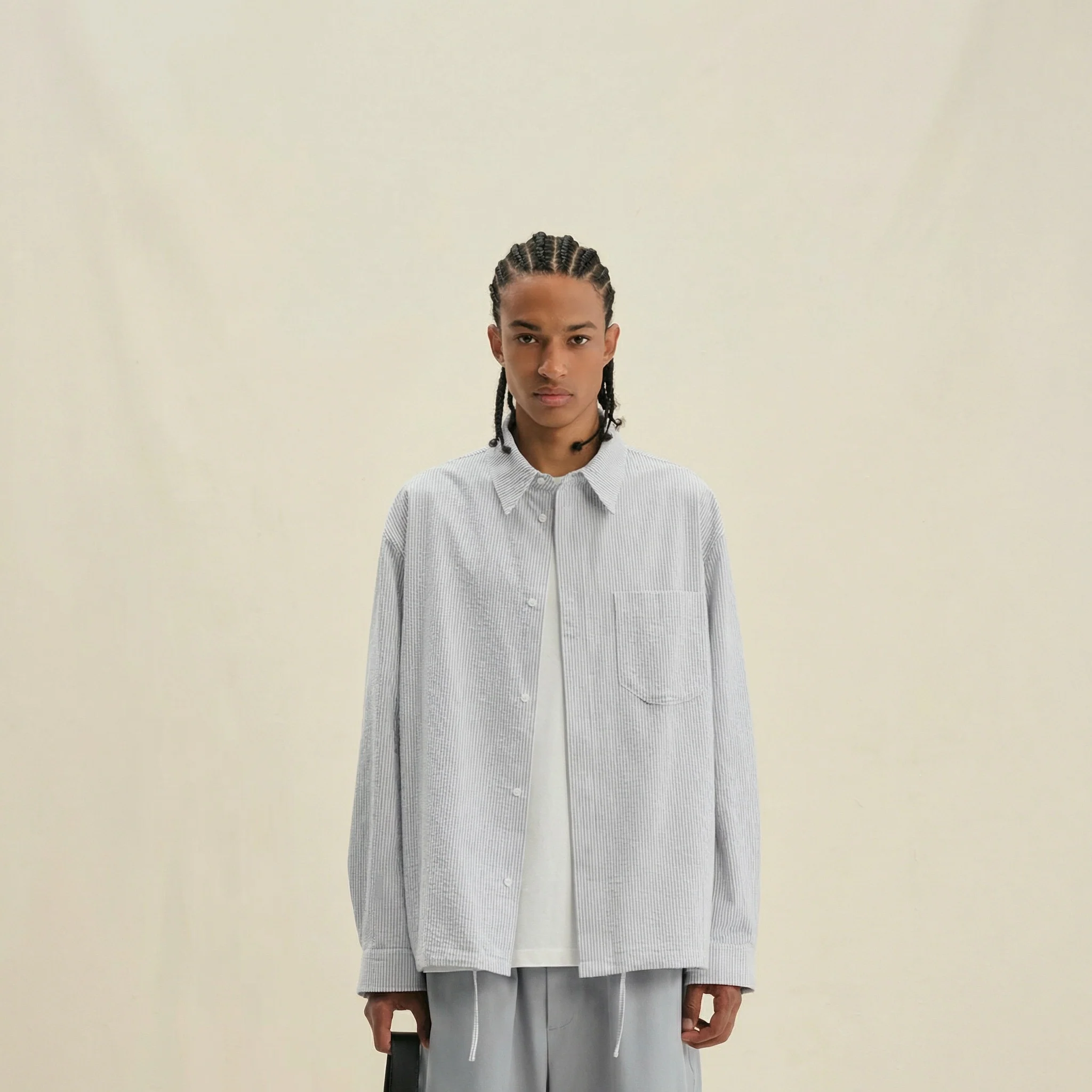 Micro-Stripe Cotton Drawstring Shirt - Image 5