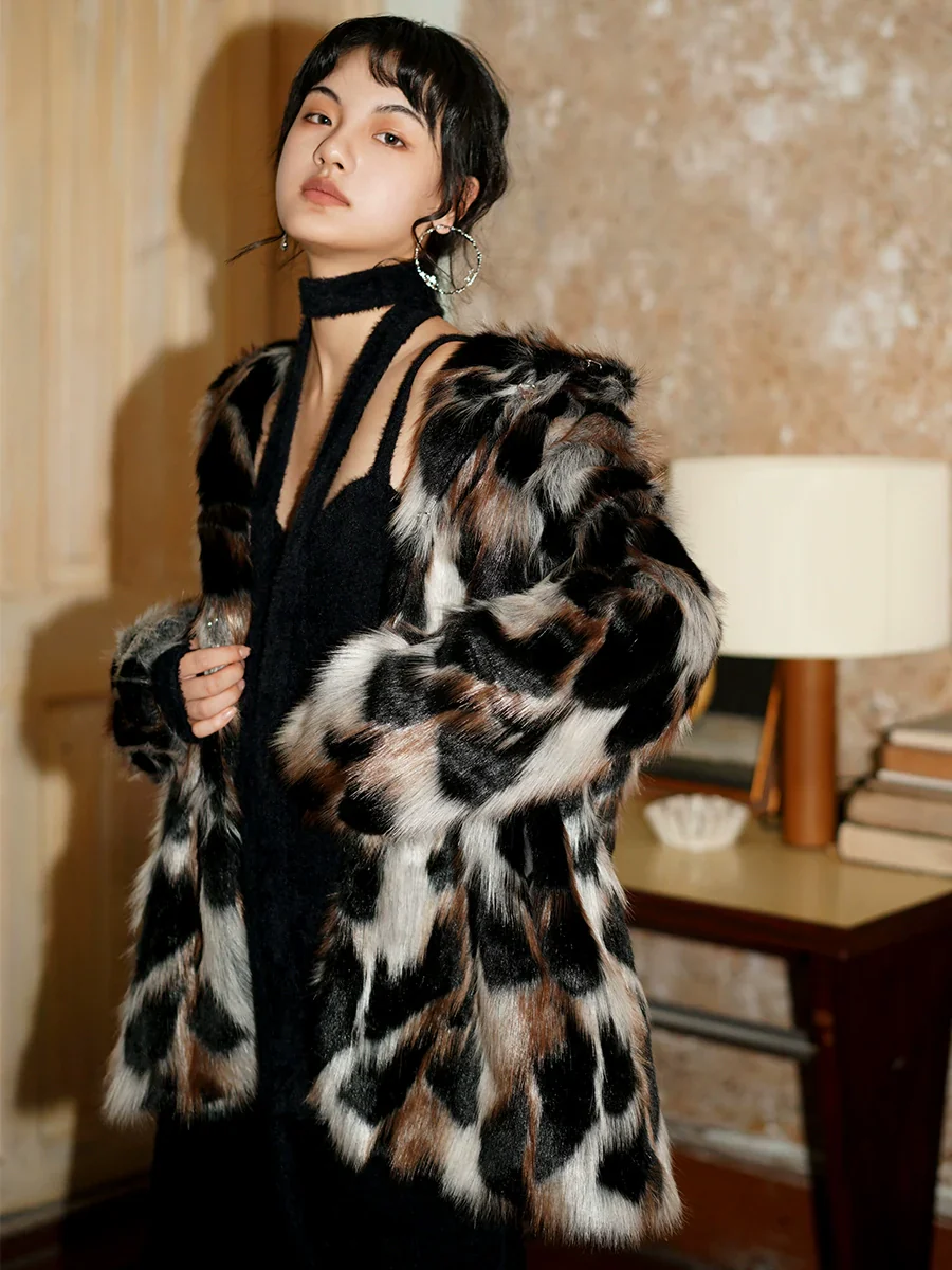 Mid-Length Animal-Print Faux Fur Coat