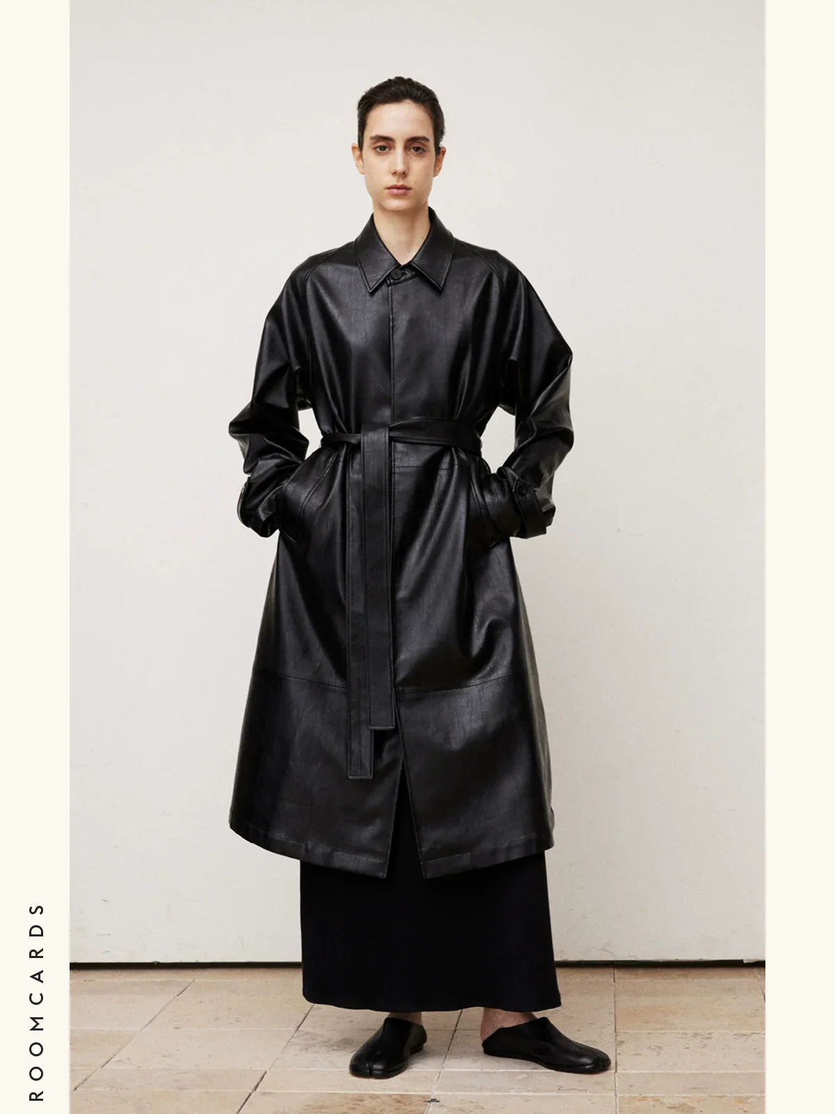 Mid-Length Black Faux-Leather Trench Coat - Image 3
