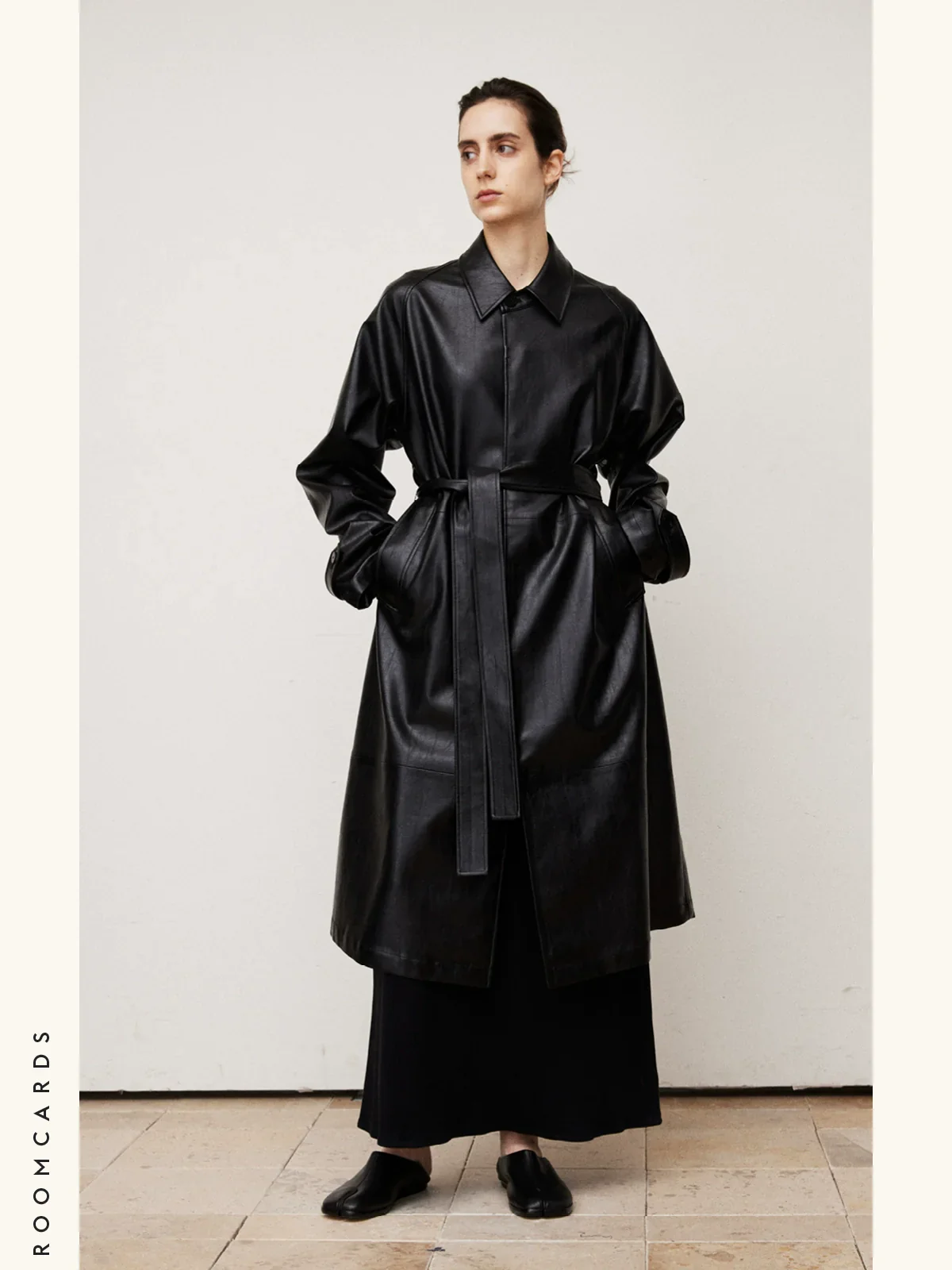 Mid-Length Black Faux-Leather Trench Coat - Image 4