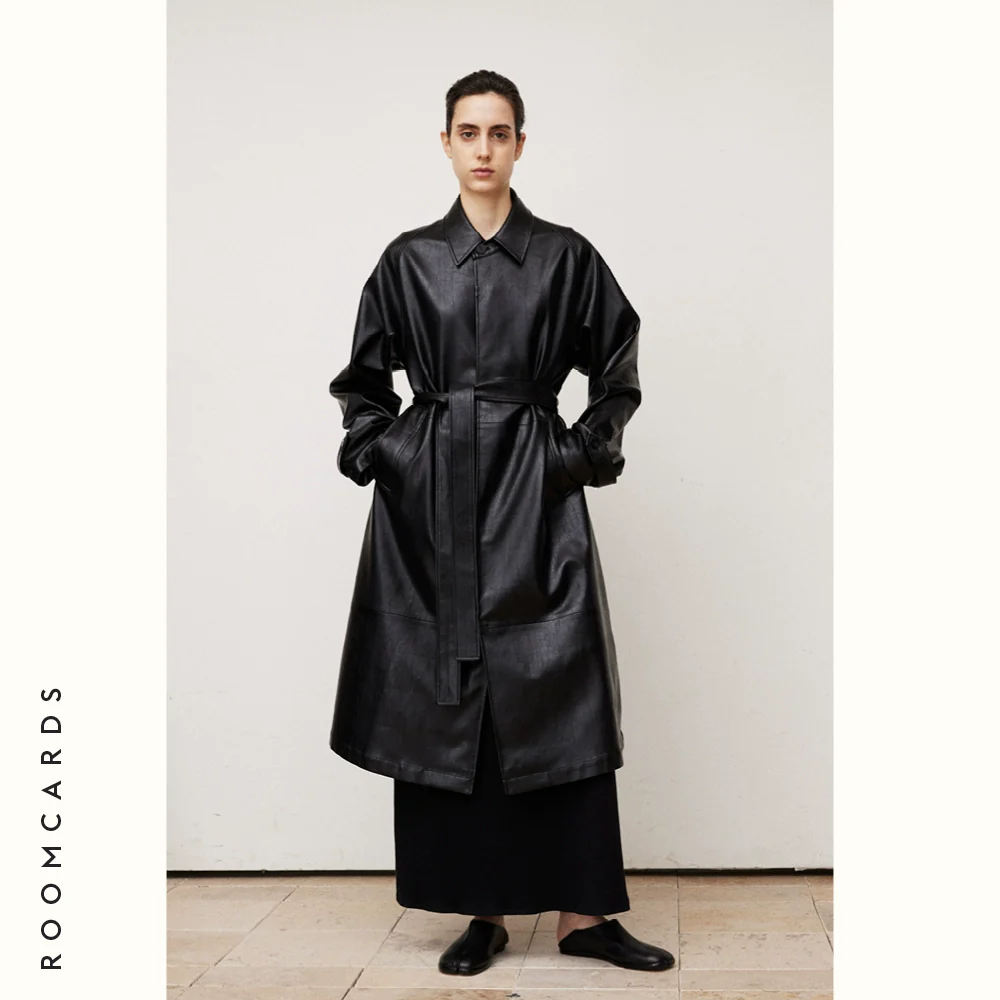 Mid-Length Black Faux-Leather Trench Coat - Image 5