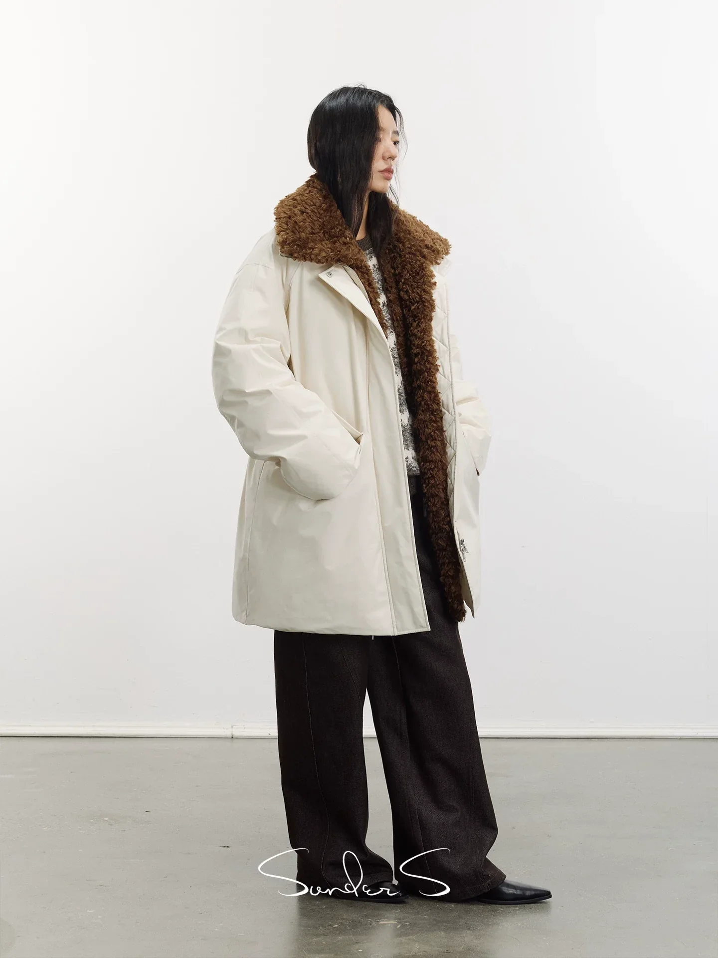 Mid-Length Down Coat with Detachable Sherpa Collar