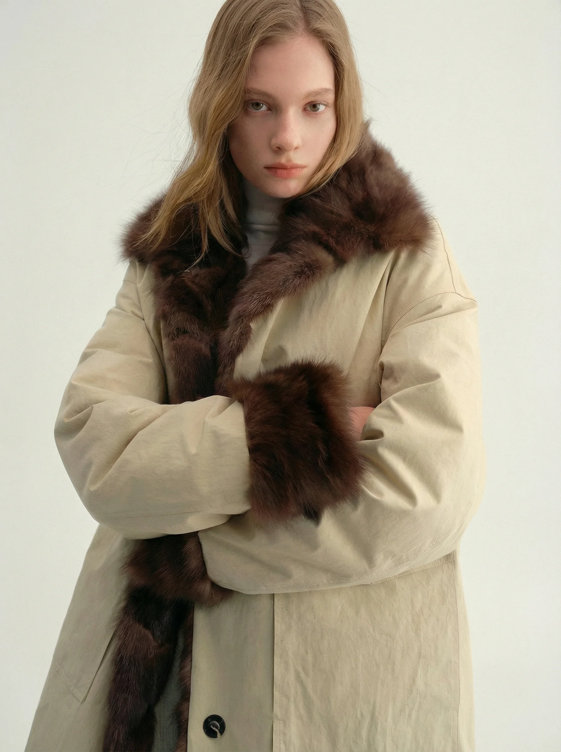 Mid-Length Down Coat with Sable Collar - Image 3