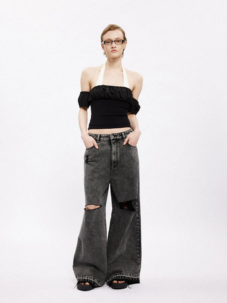 Mid-Rise Distressed Wide-Leg Jeans