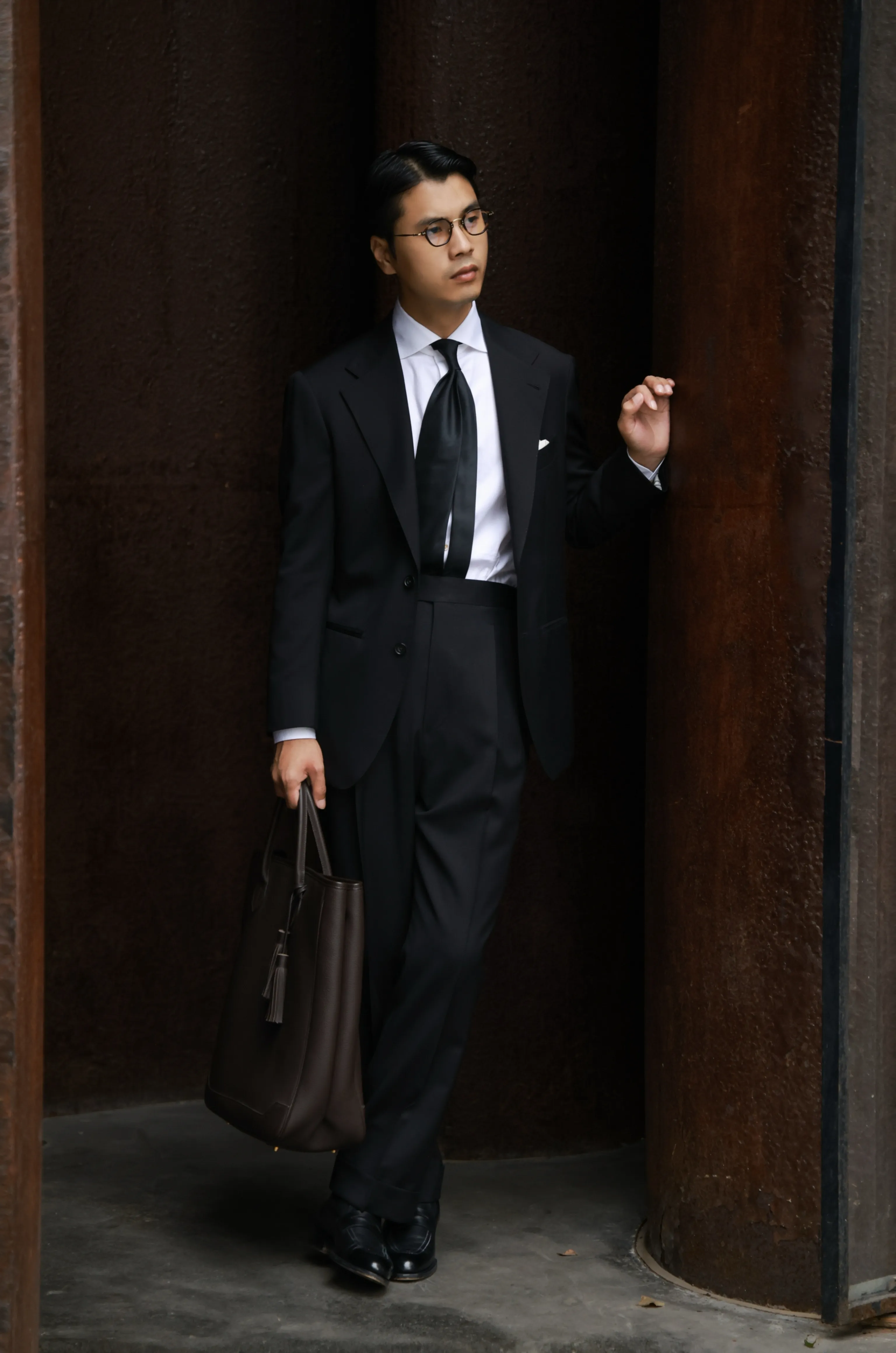 Midnight Black High-Waisted Pleated Wool Trousers