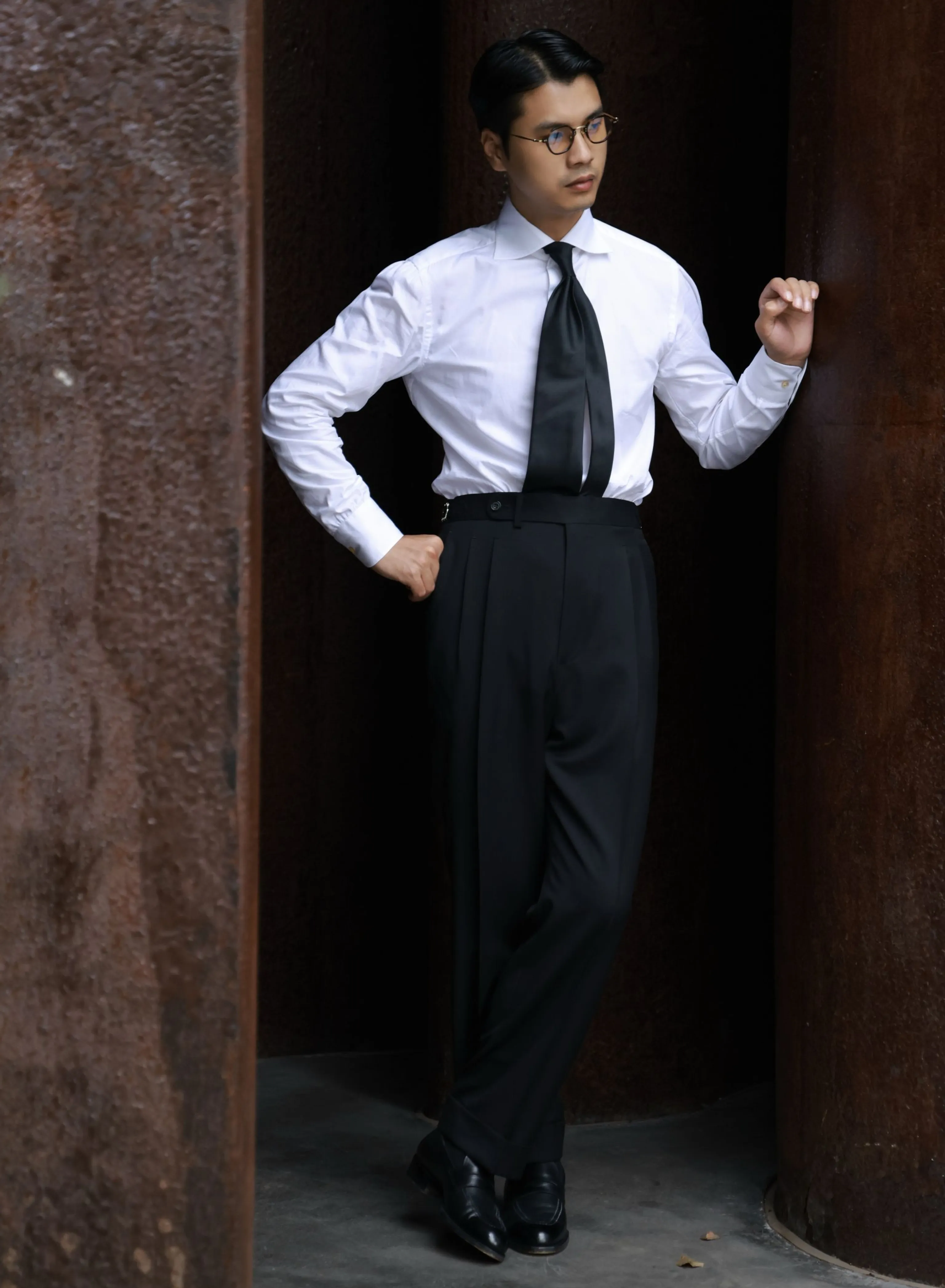 Midnight Black High-Waisted Pleated Wool Trousers - Image 2