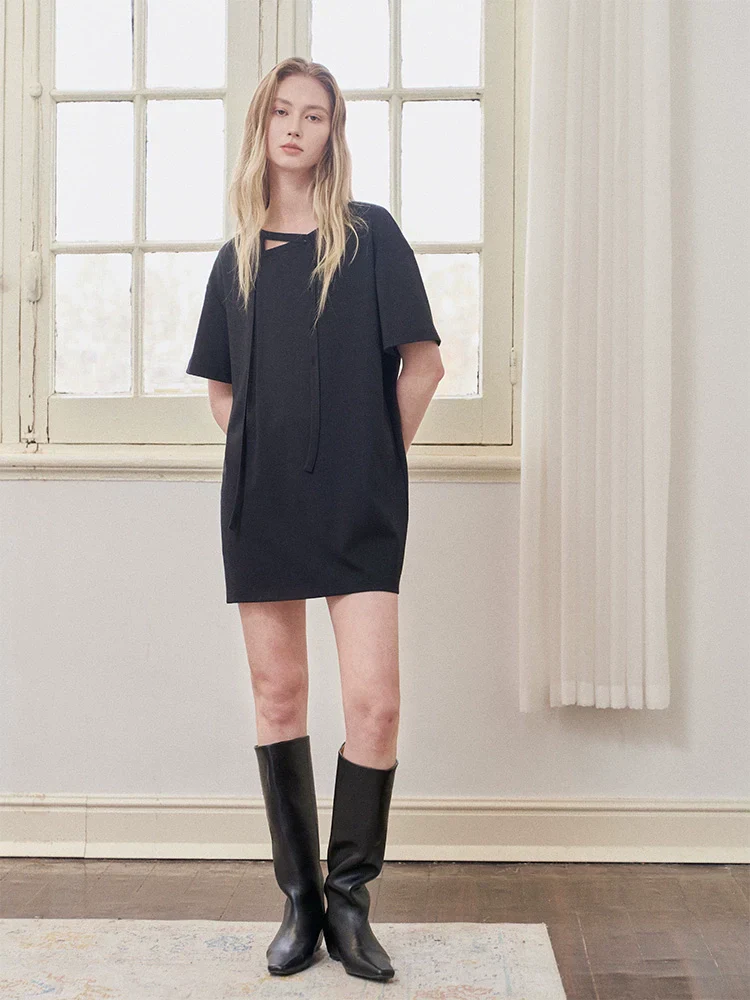 Minimalist Black Tie-Neck Mini Dress