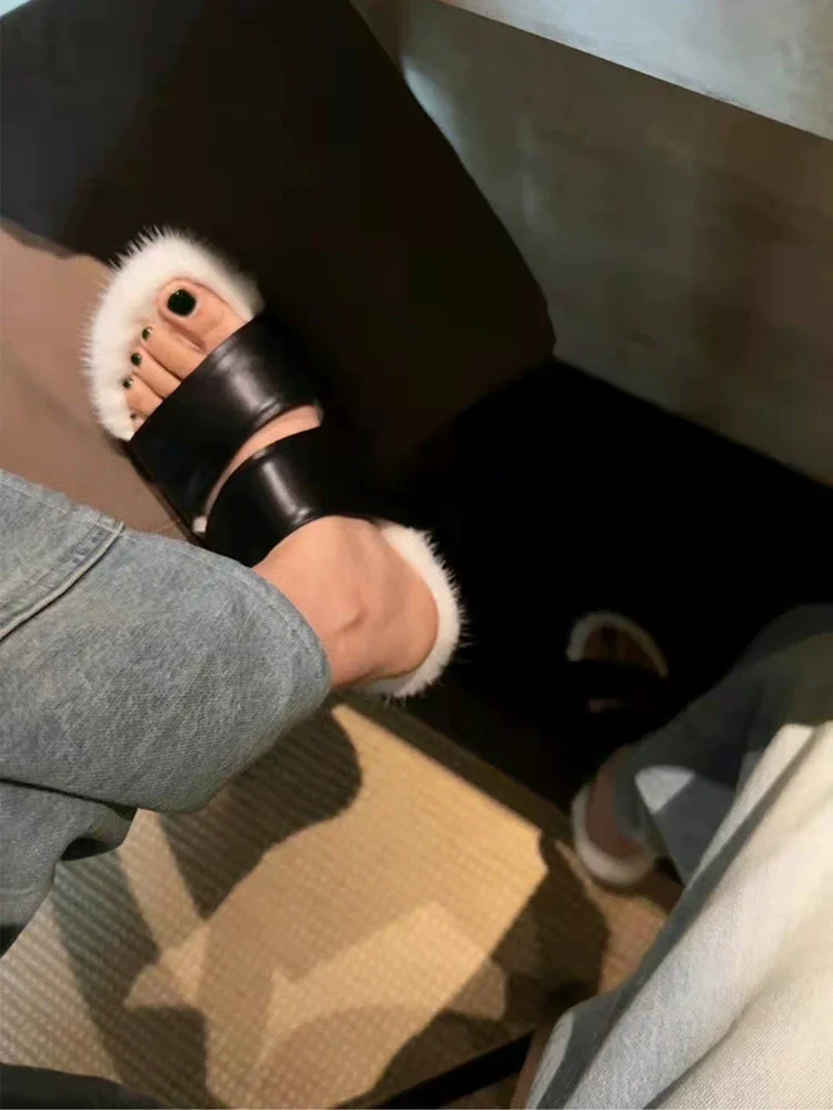 Mink Fur-Lined Leather Slides