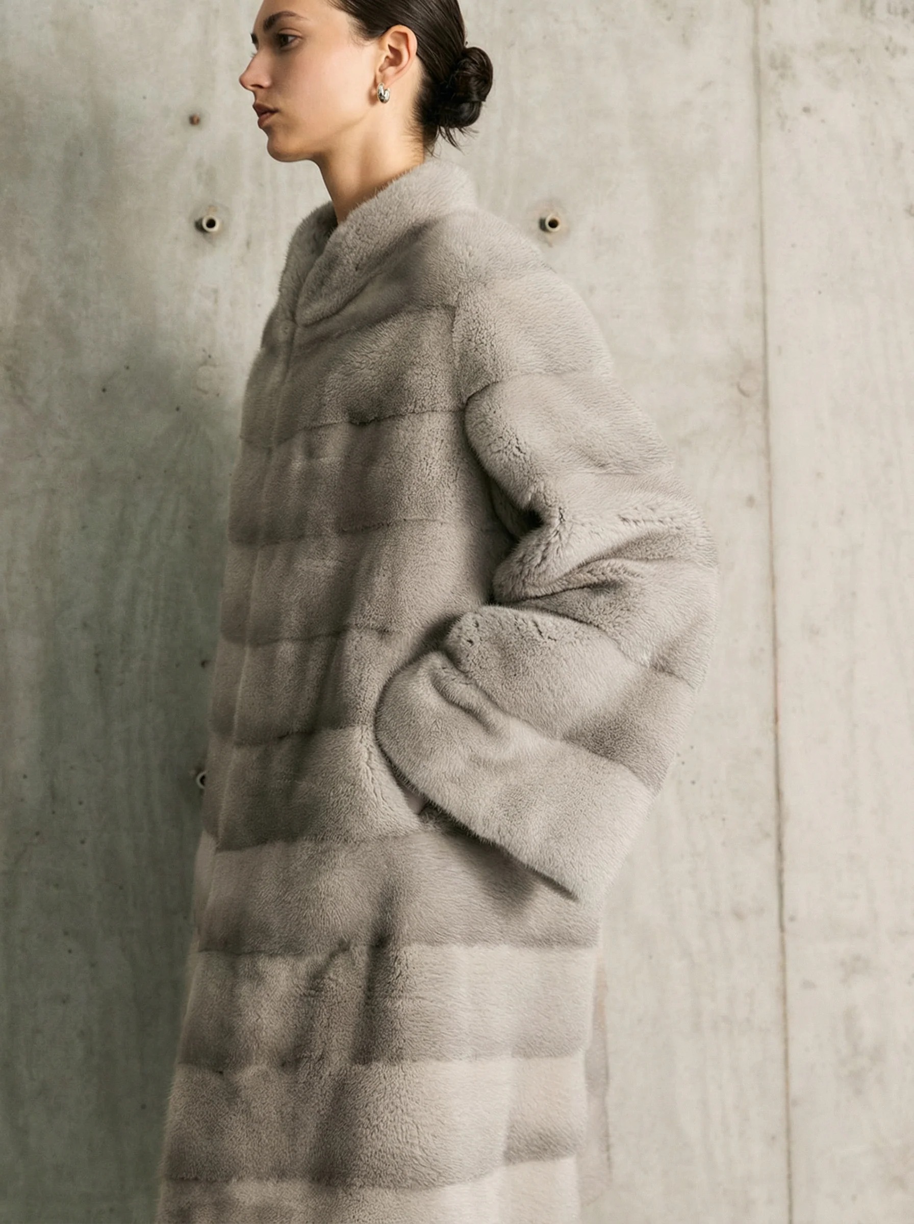 Mink Panel Stand-Collar Long Coat