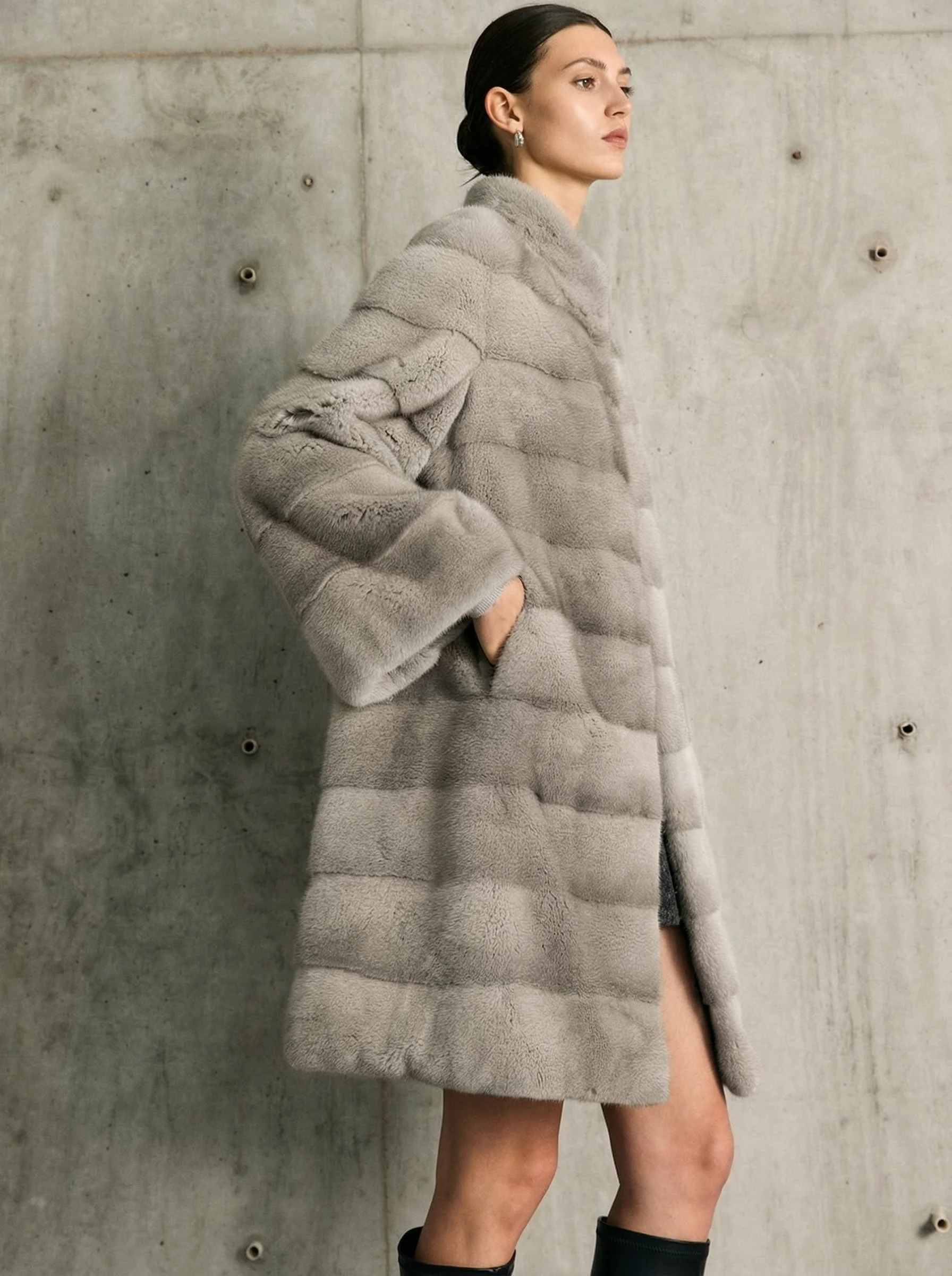 Mink Panel Stand-Collar Long Coat - Image 2