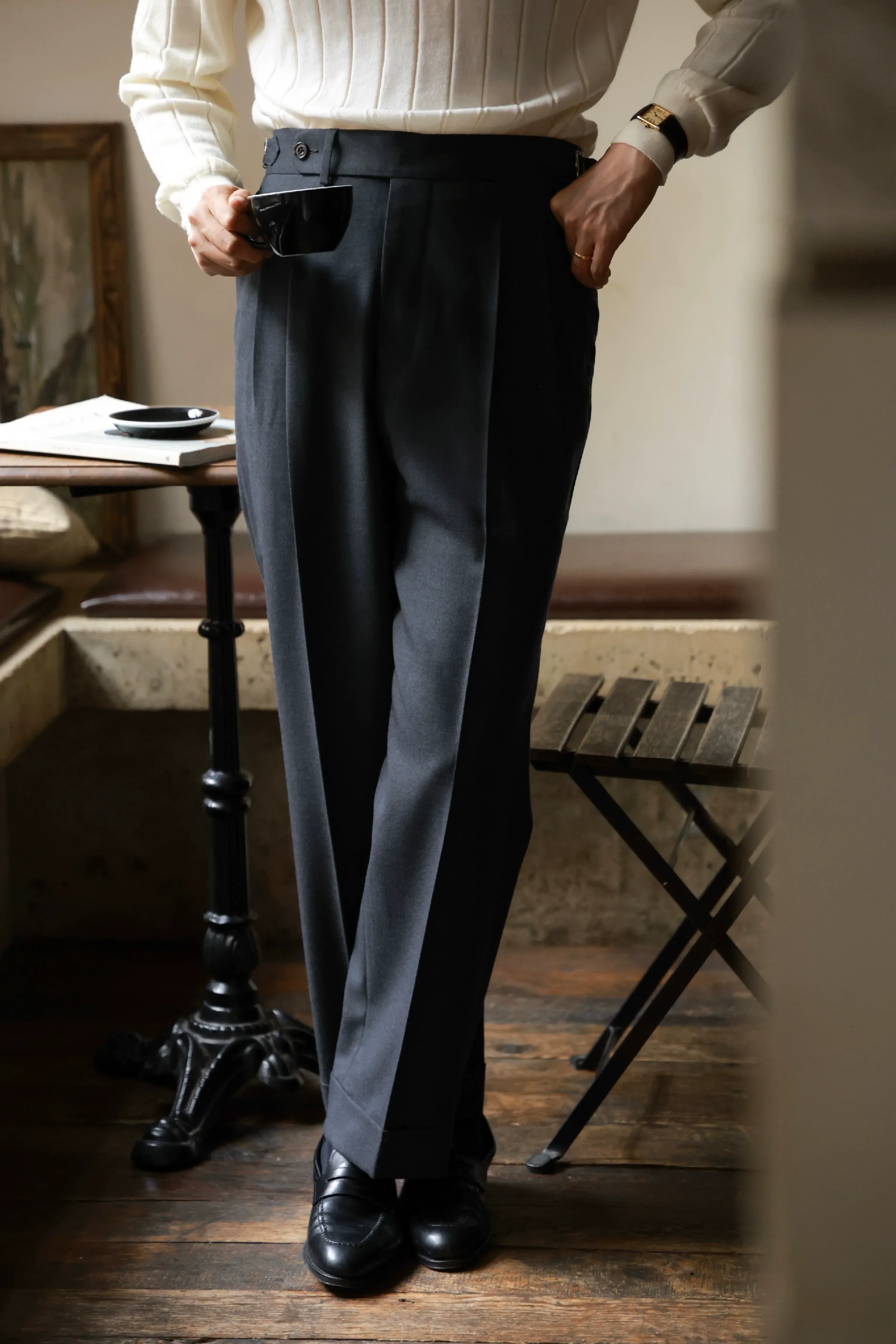 Misty Grey Flannel High-Waisted Trousers - Image 7