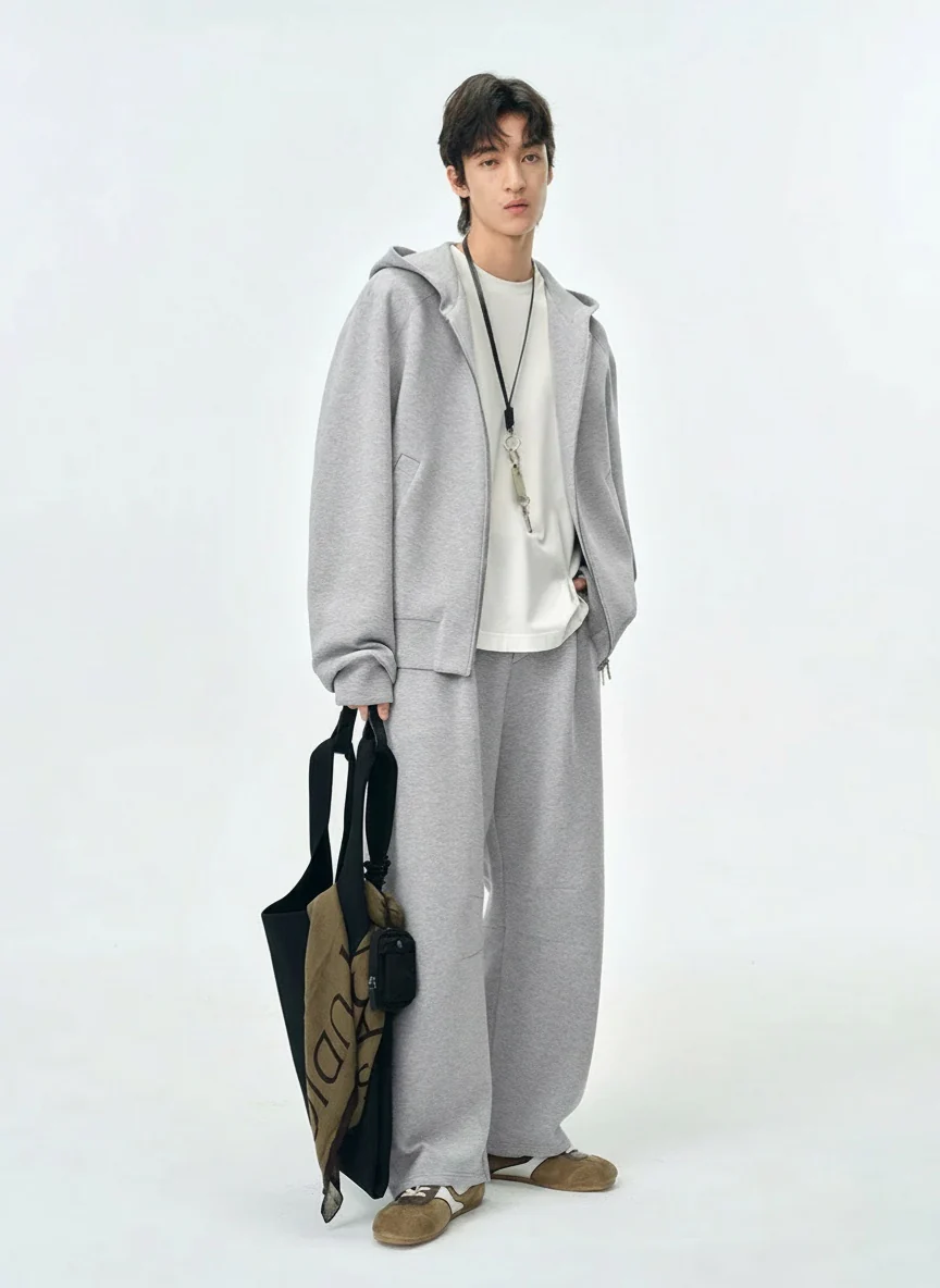 Misty Grey Zip Hoodie & Curved Sweatpants Set - Image 3