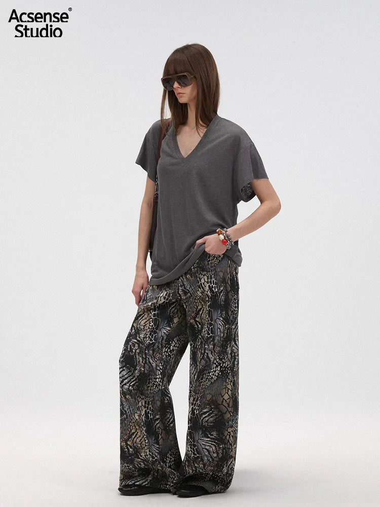 Mixed Animal Print Straight-Leg Pants