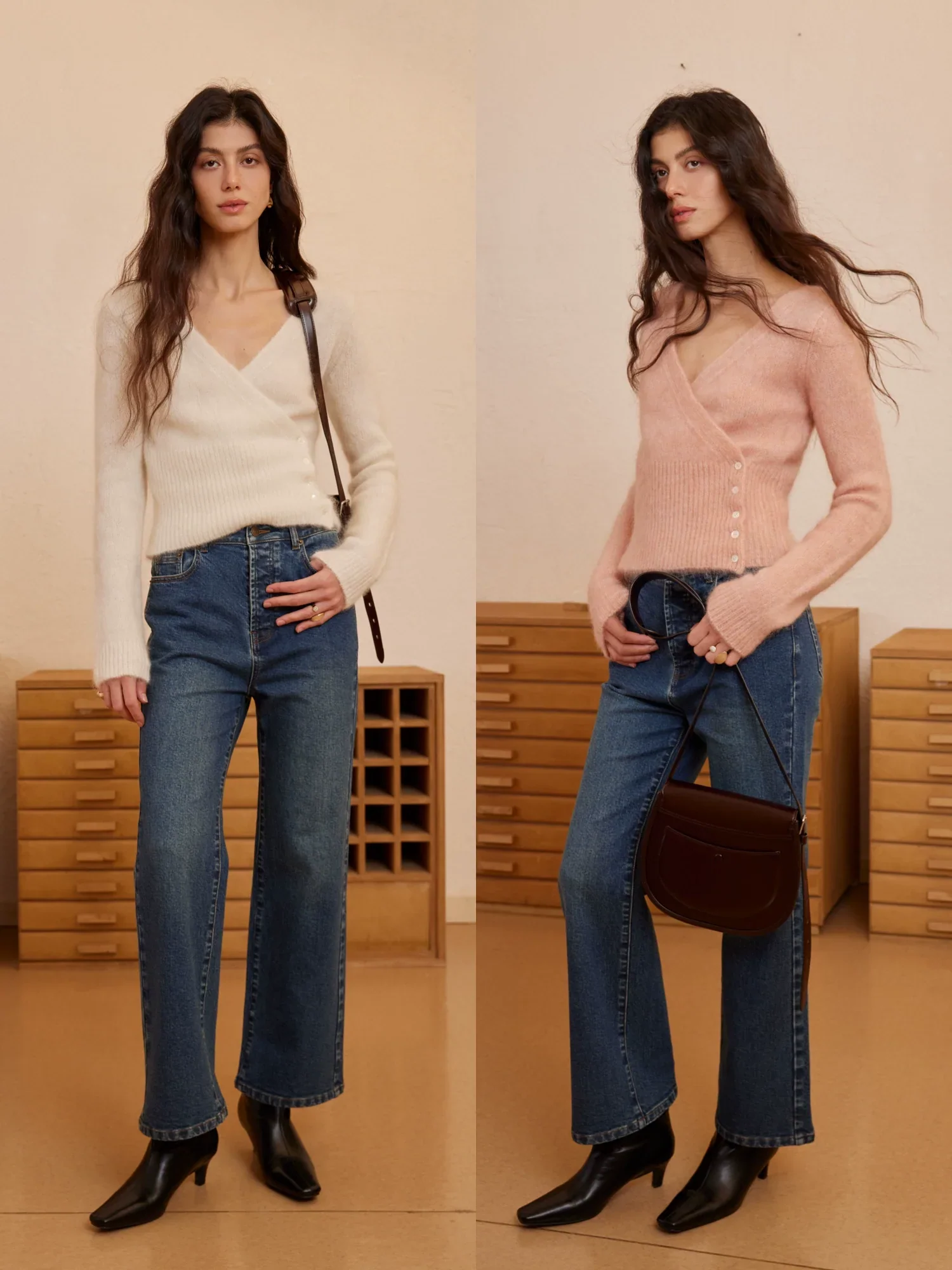 Mohair-Blend Side-Button Wrap V-Neck Sweater