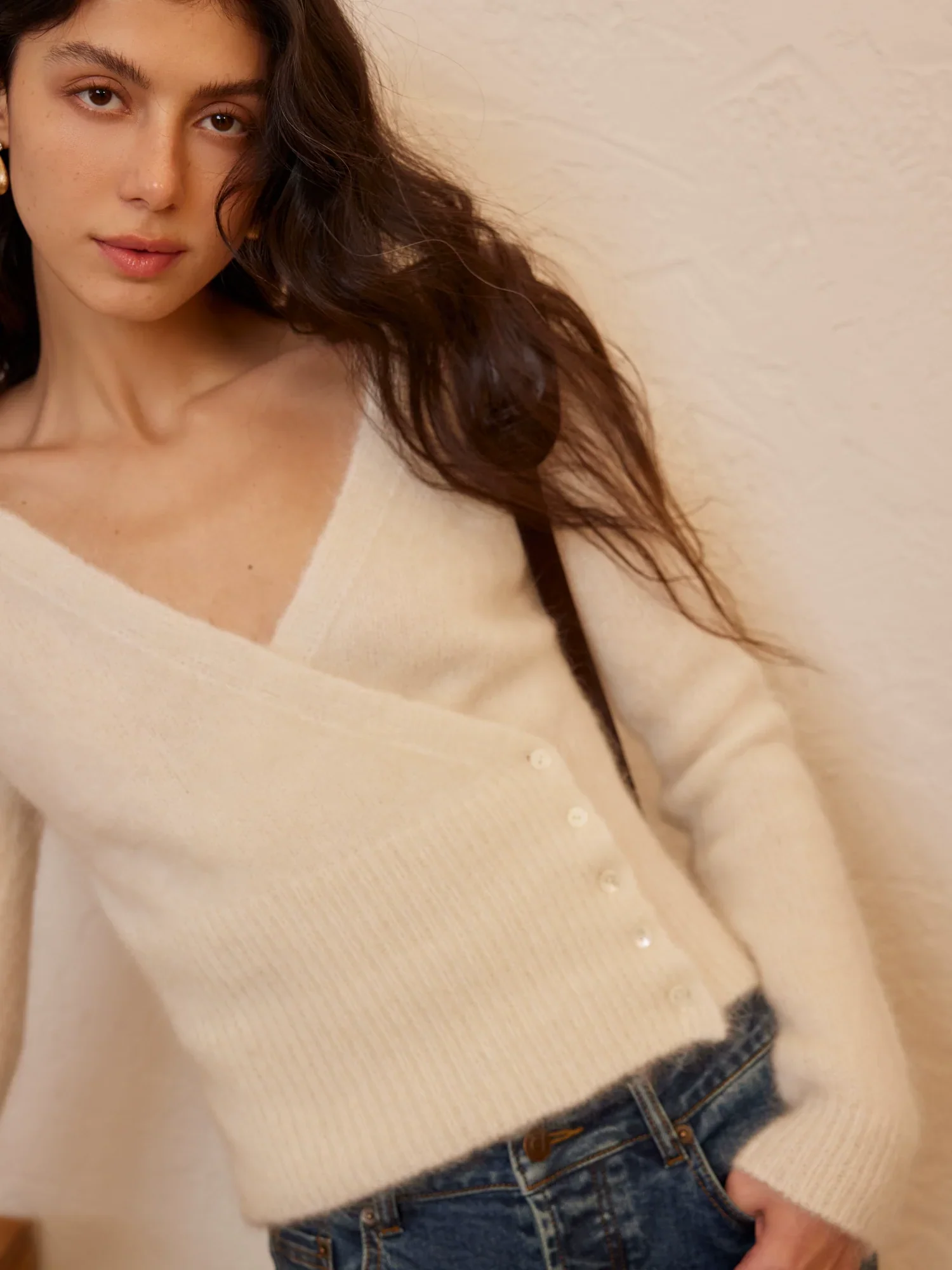 Mohair-Blend Side-Button Wrap V-Neck Sweater - Image 3
