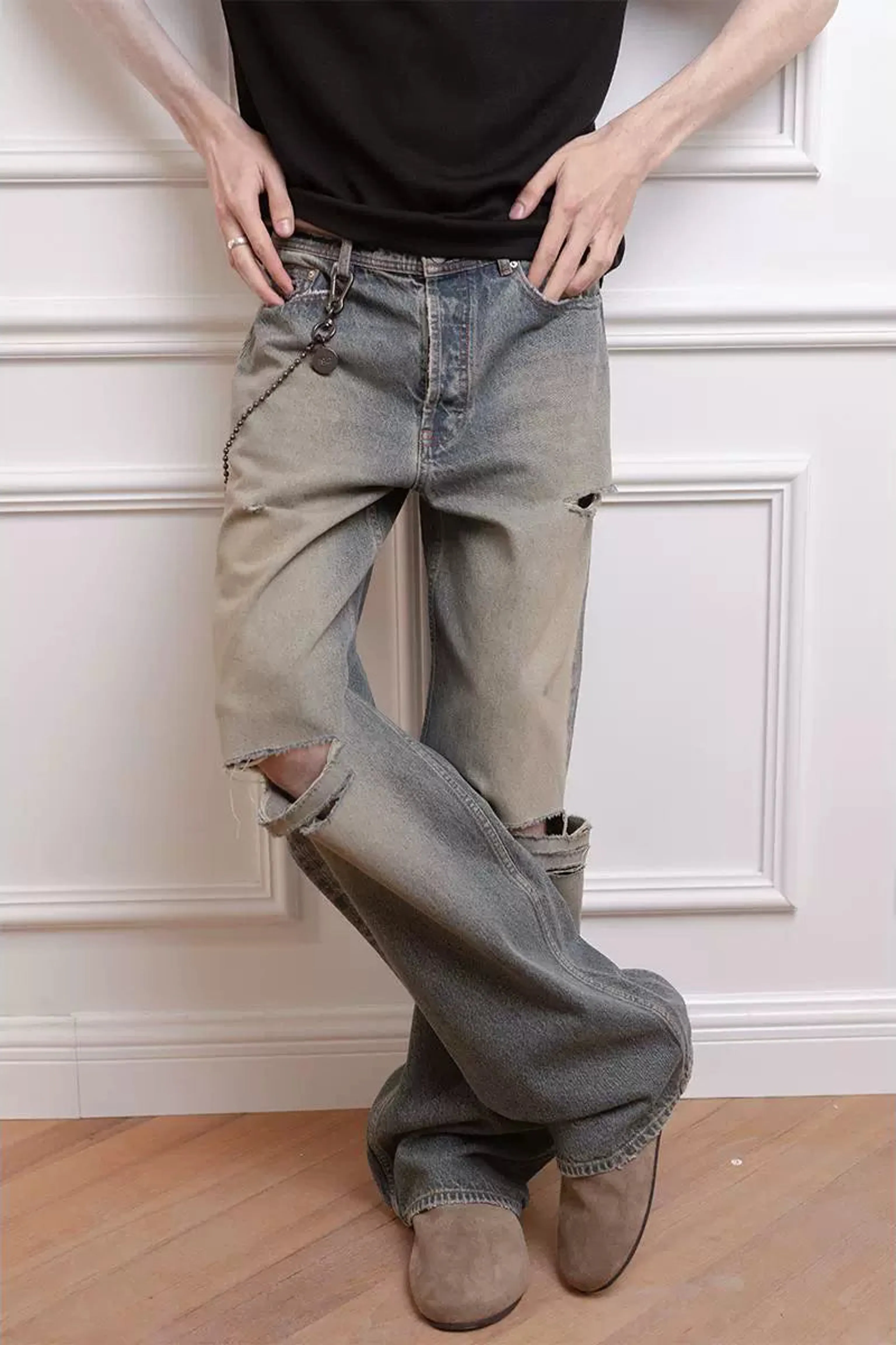 Mud-Dyed Distressed Straight Jeans - Image 5