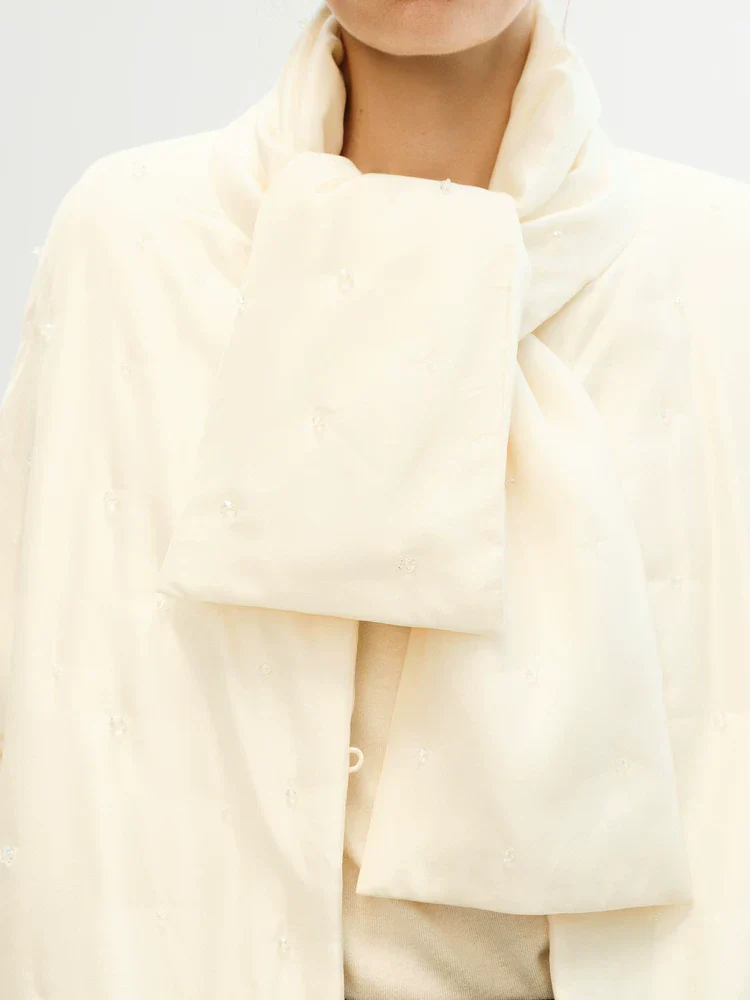 Mulberry Silk Puffer Jacket with Beaded Scarf - Image 4