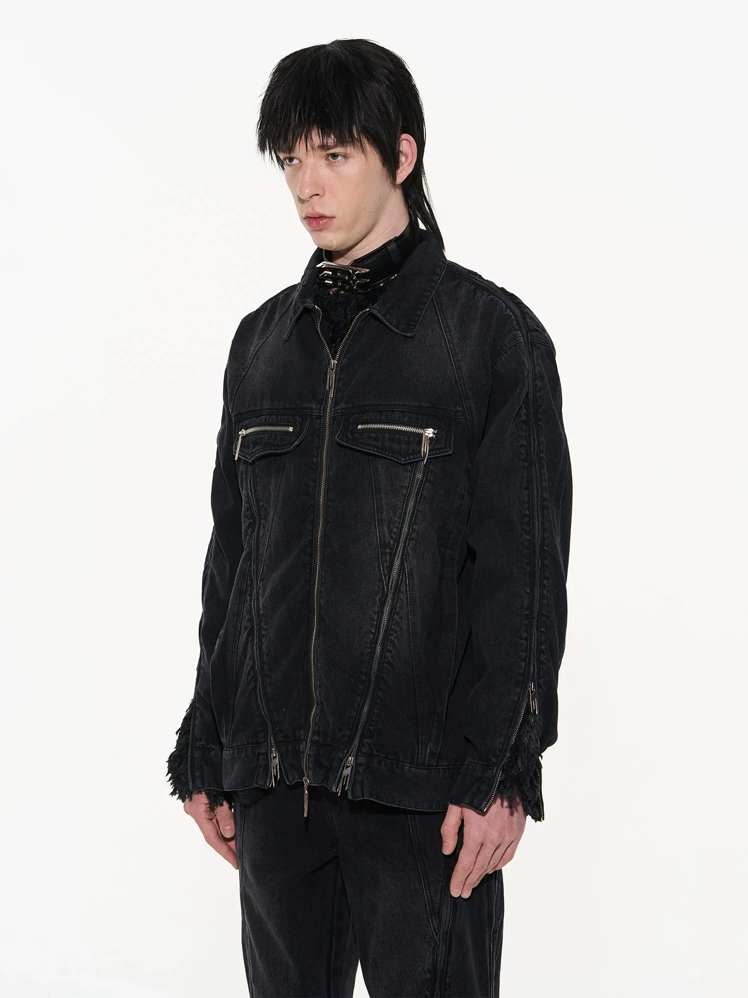 Multi-Zip Washed Denim Jacket