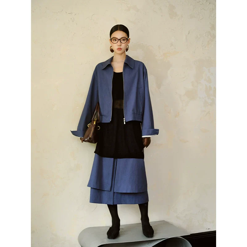 Navy Blue Deconstructed Jacket and Skirt Set - Image 4