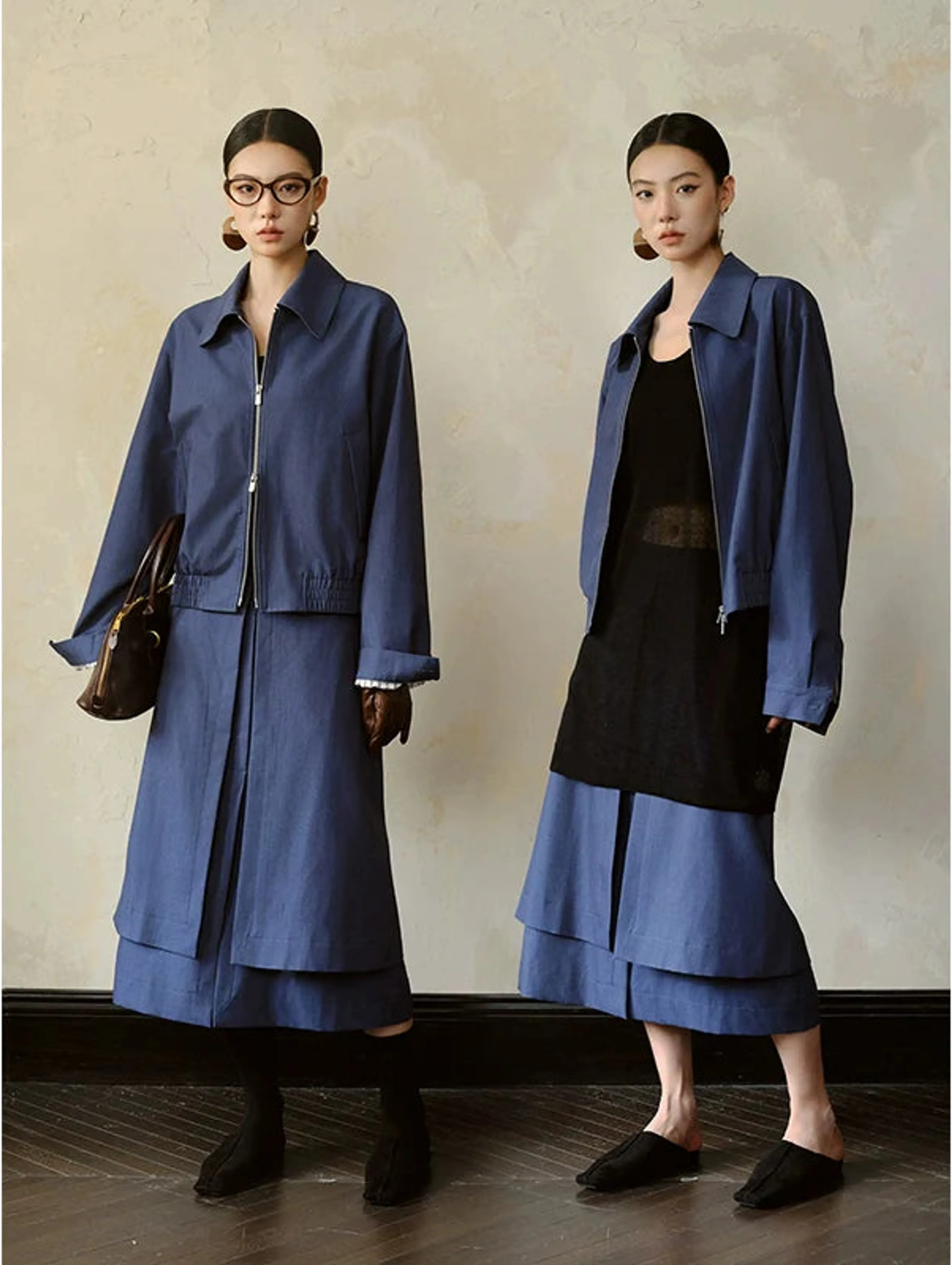 Navy Blue Deconstructed Jacket and Skirt Set - Image 7