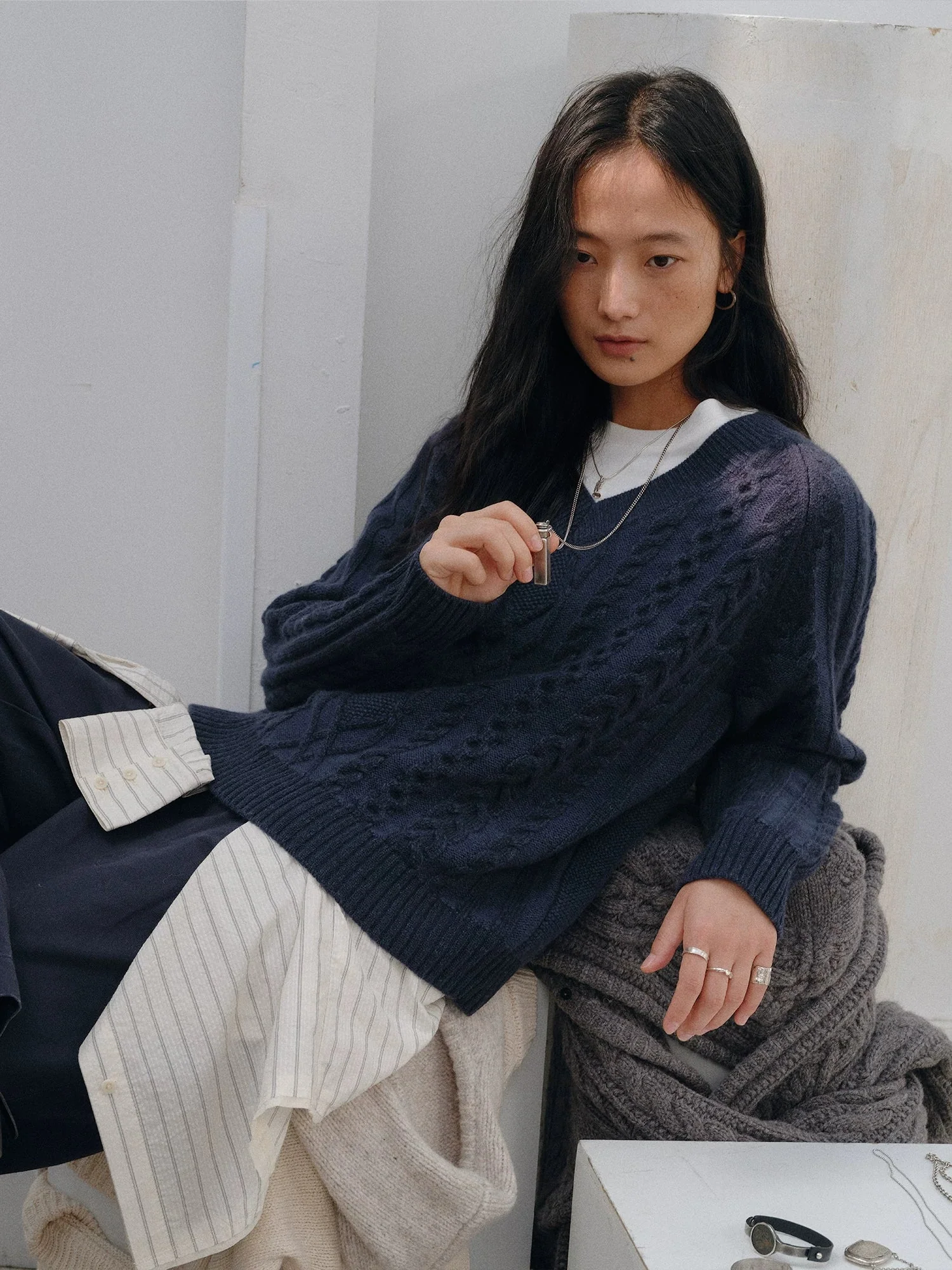 Navy Cable V-neck Wool Sweater