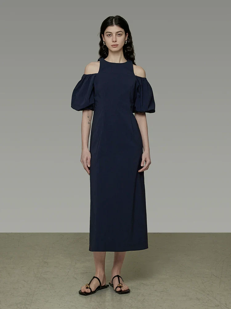 Navy Cold-Shoulder Puff Sleeve Maxi Dress
