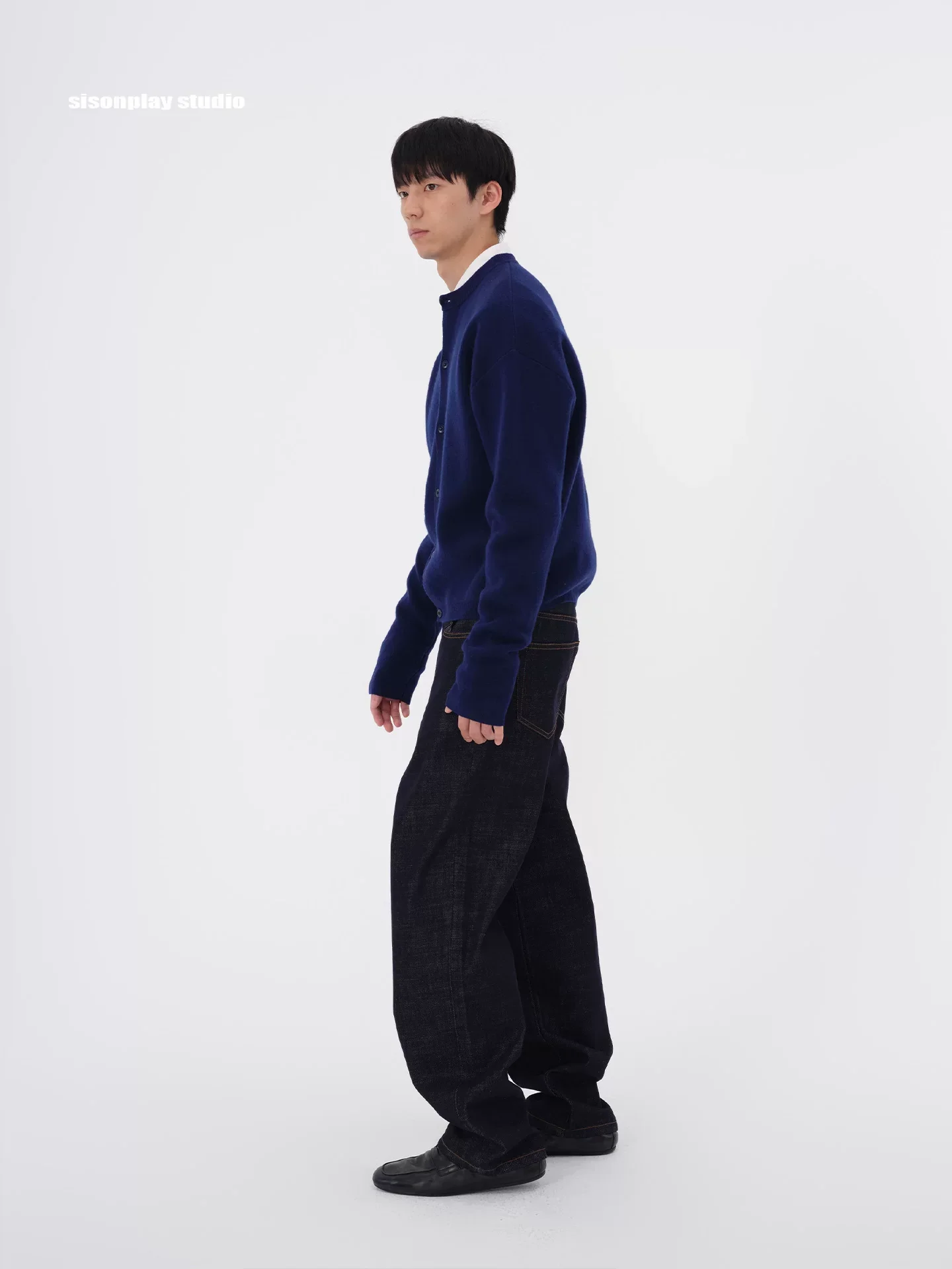 Navy Collarless Wool Cardigan