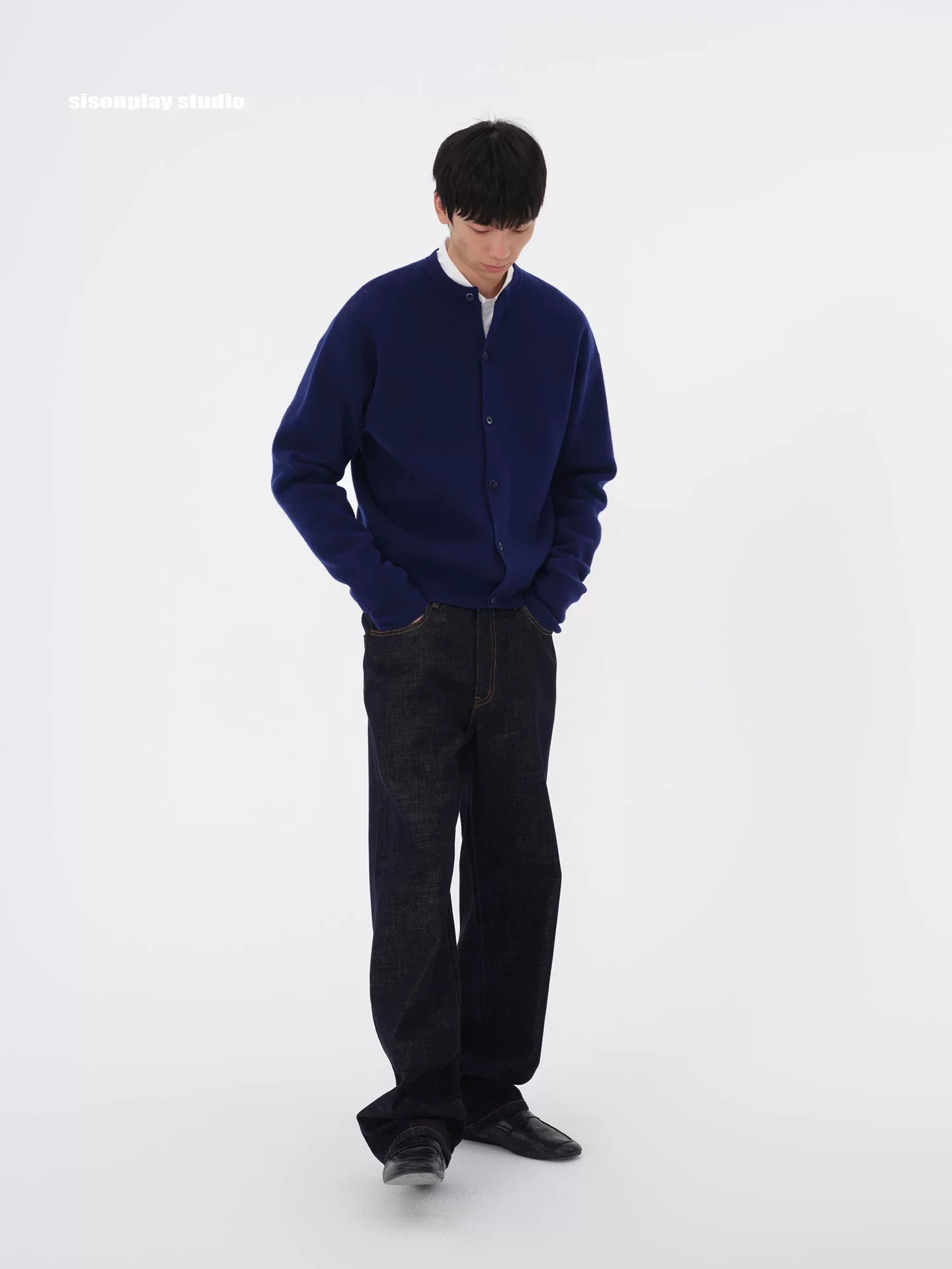 Navy Collarless Wool Cardigan - Image 2