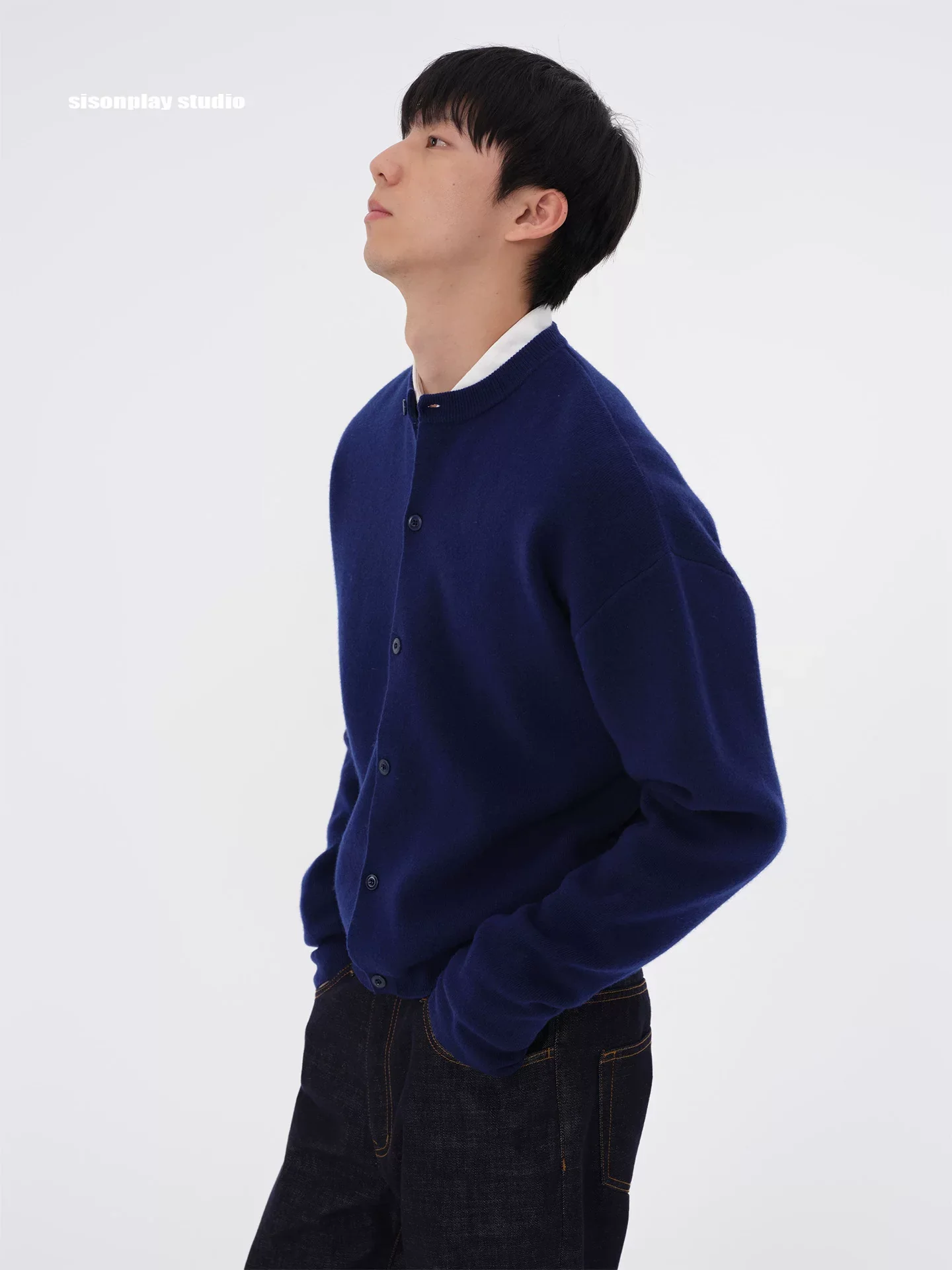 Navy Collarless Wool Cardigan - Image 4