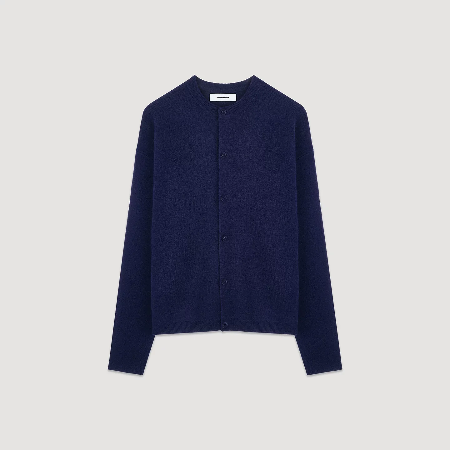 Navy Collarless Wool Cardigan - Image 5