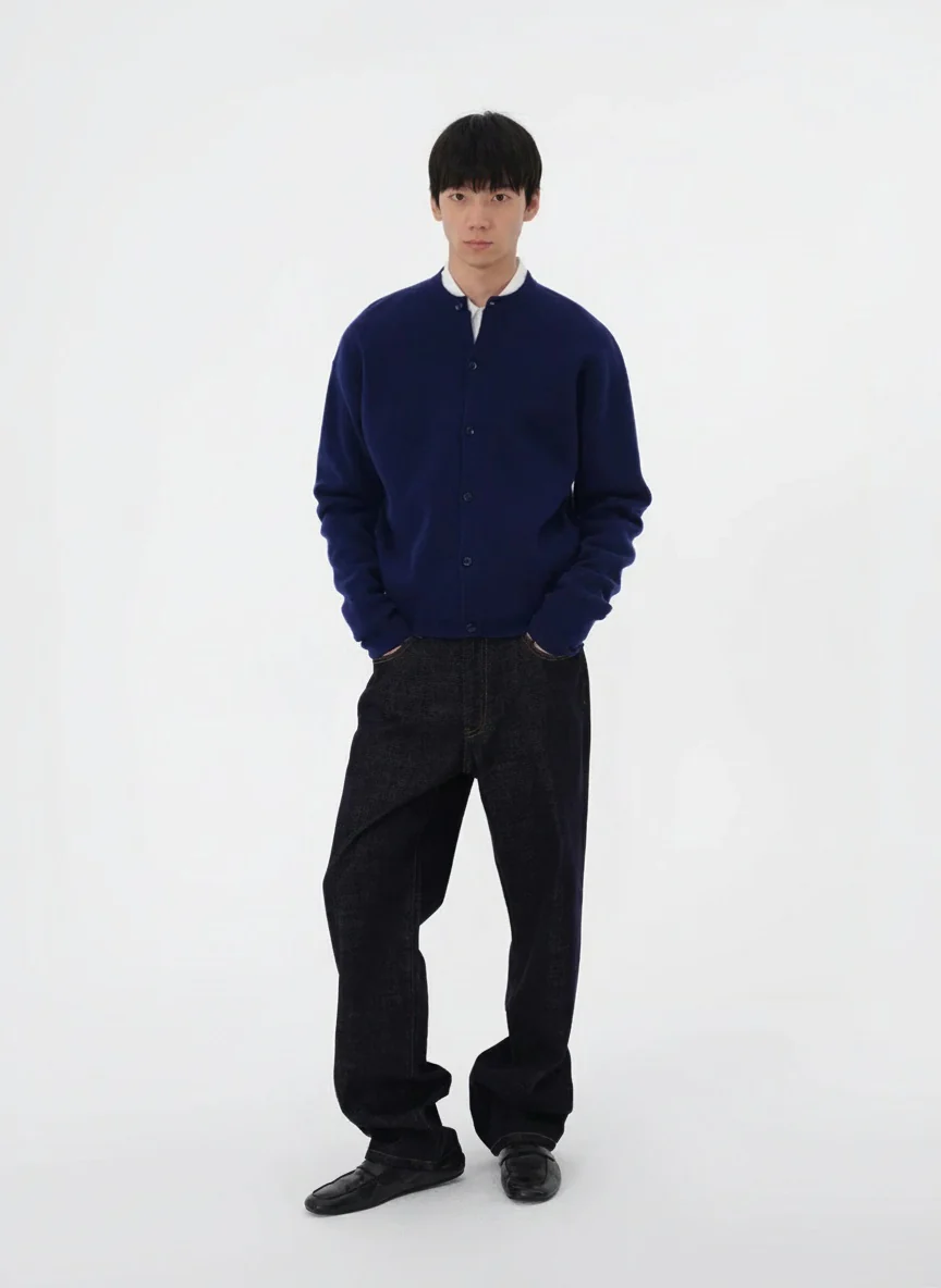 Navy Collarless Wool Cardigan - Image 6
