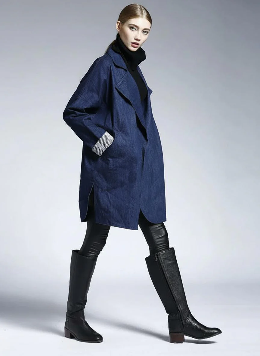 Navy Denim Trench Coat - Image 3