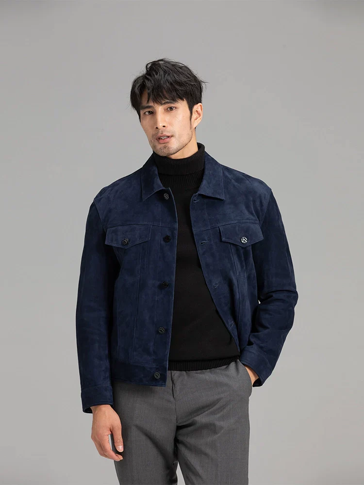 Navy Goat Suede Trucker Jacket
