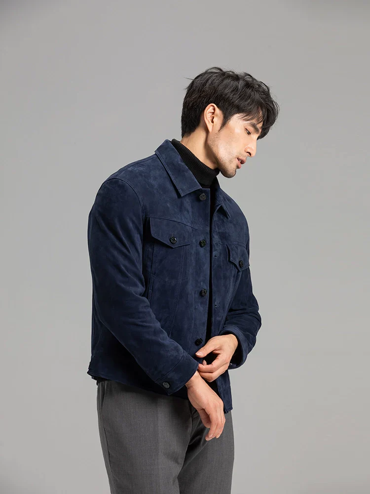 Navy Goat Suede Trucker Jacket - Image 2